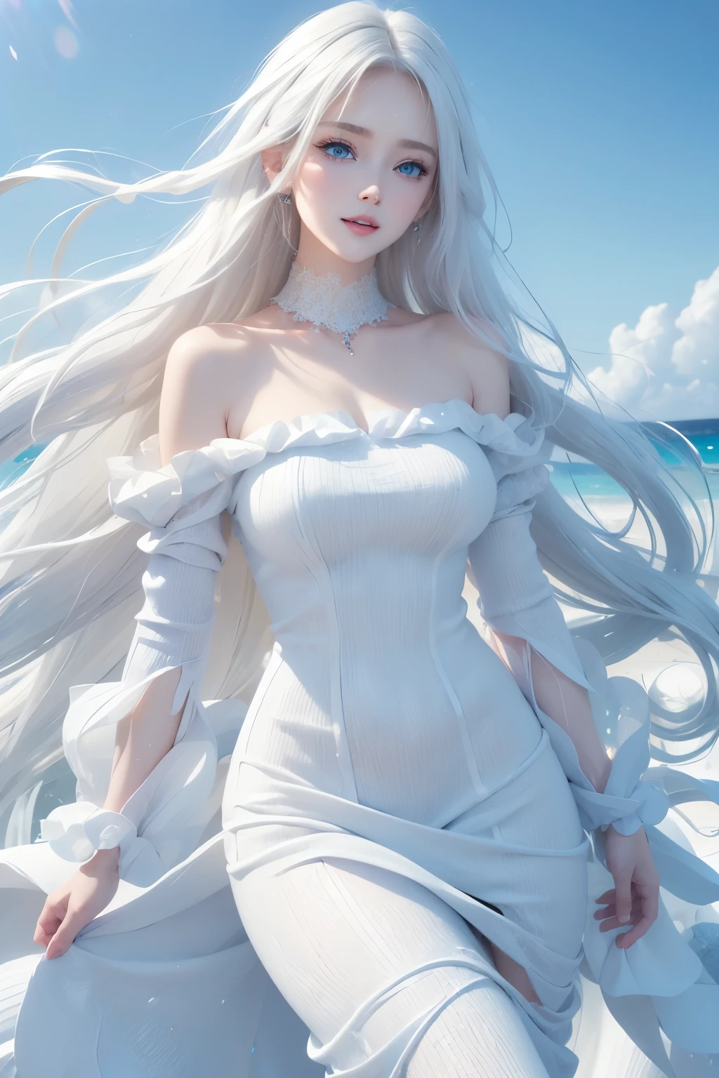 best quality, 8k, RAW photo, incredibly absurdres, extremely detailed, beautiful white woman, -face makeup, excited look, wearing ivory fluffy long-pile knit long dress, slender, perfect proportions, white straight hair, (wind, wind-effect), blue eyes, background variety of visual styles that combine various artistic elements like a sparkling iridescent rainbow