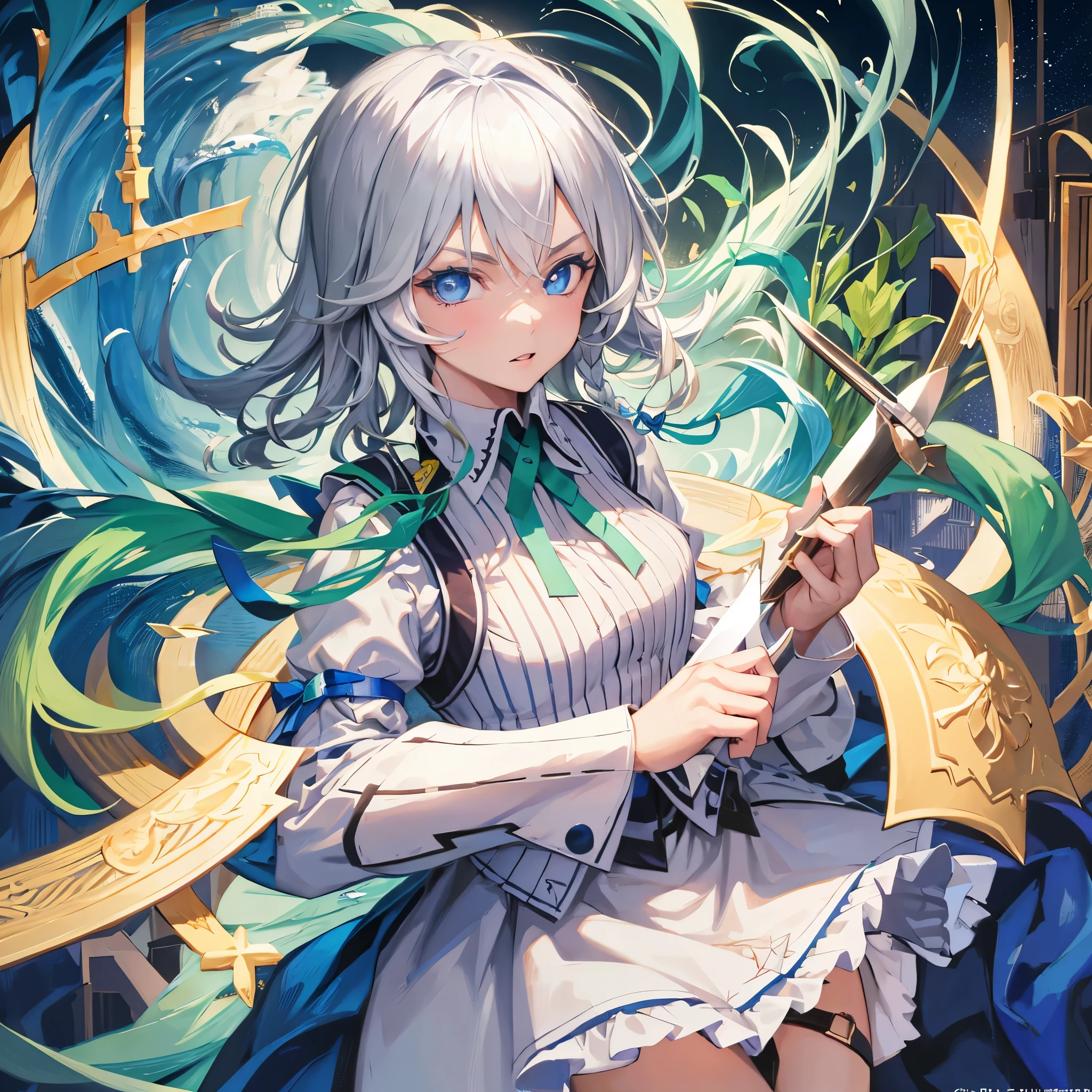 1girl, solo, masterpiece:1.6, best quality, (finely detailed beautiful eyes: 1.2), ultra-detailed, illustration, beautiful detailed eyes, sakuya izayoi, silver hair, short hair, maid dress, white apron, very short skirt, sexy pose, flying knives, holding knife, sleeveless outfit, detailed face, detailed eyes, fresh blue eyes, big green ribbons, blue outfit, double braids, small green ribbons
