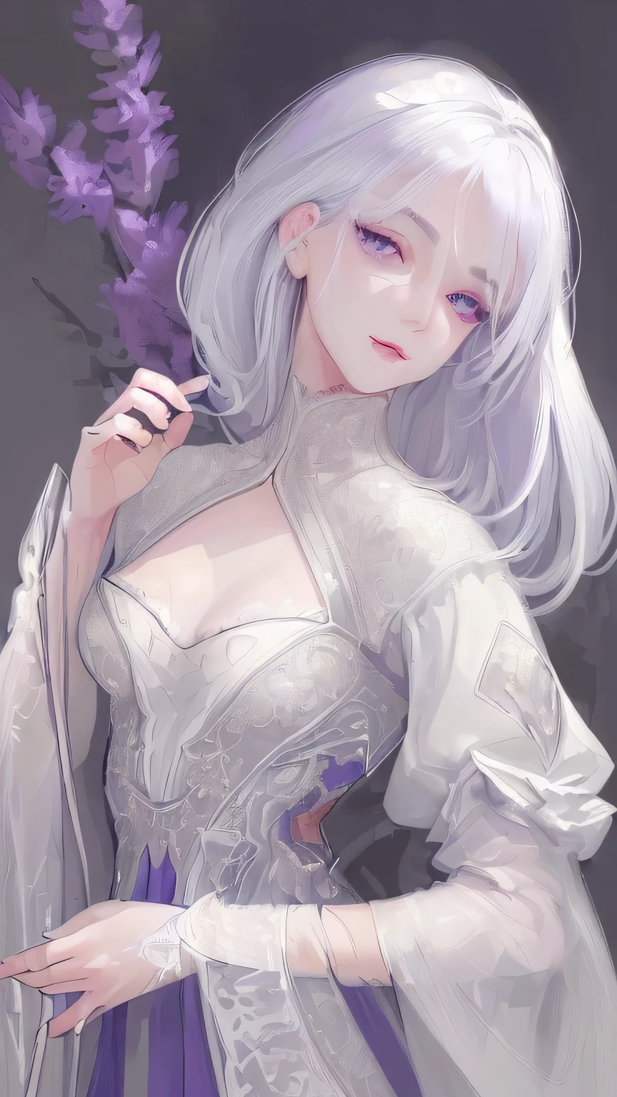 (masterpiece:1.2, best quality), (real picture, intricate details), 1lady, Painting on canvas, beauty 1 woman, medium length hair, perfect face, white hair, lavender-colored eyes, beautiful face, fair skin, slight smile, away from the viewer, enjoying the atmosphere. Wearing a royal gown. Charismatic.