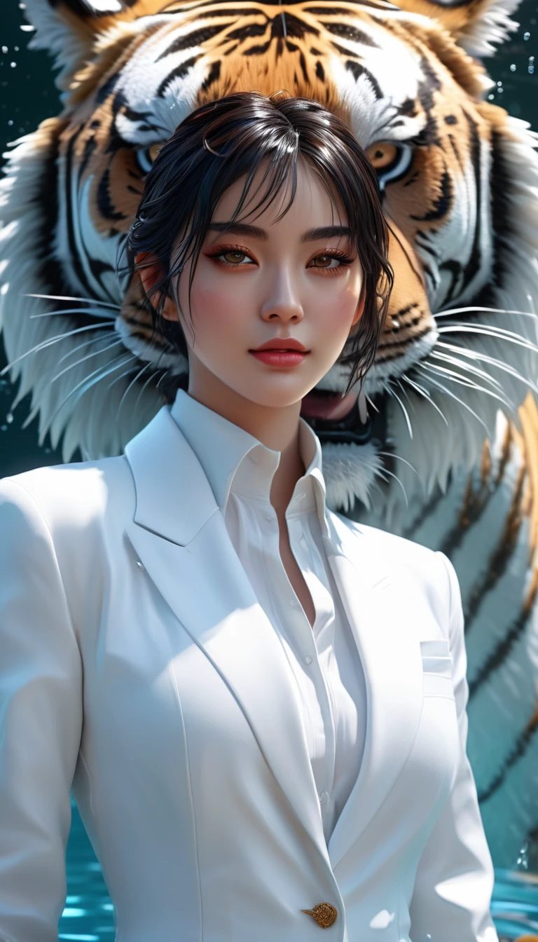 a woman in a white suit and a tiger head, realistic anime 3 d style, realistic artstyle, beautiful digital artwork, 8k high quality detailed art, detailed digital anime art, digital anime illustration, closeup fantasy with water magic, trending on cgstation, great digital art with details, 4k highly detailed digital art, digital anime art, trending digital fantasy art