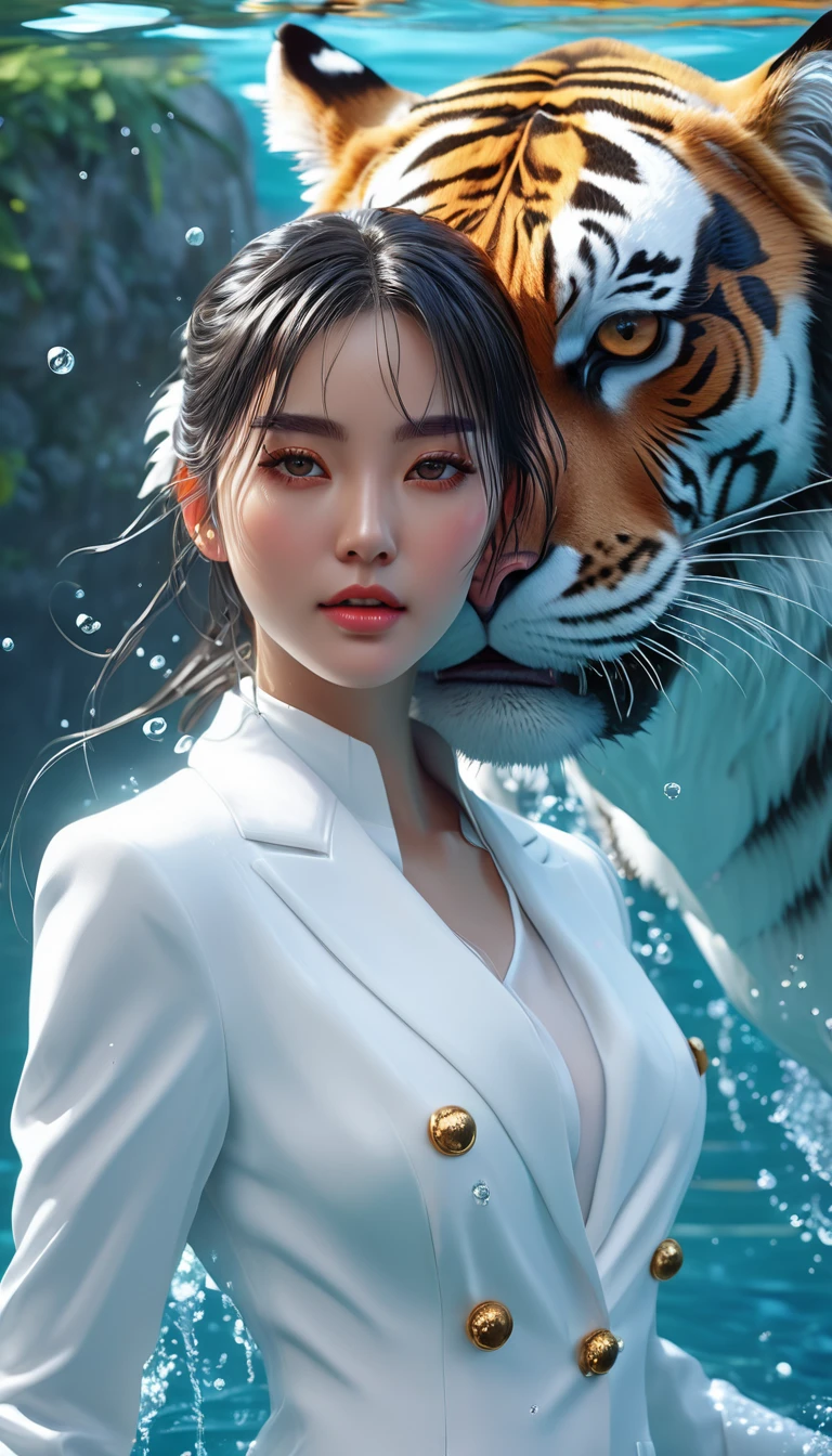 a woman in a white suit and a tiger head, realistic anime 3 d style, realistic artstyle, beautiful digital artwork, 8k high quality detailed art, detailed digital anime art, digital anime illustration, closeup fantasy with water magic, trending on cgstation, great digital art with details, 4k highly detailed digital art, digital anime art, trending digital fantasy art