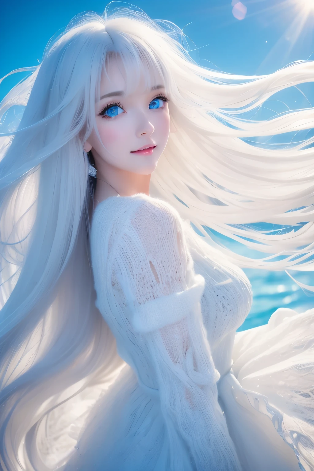best quality, 8k, RAW photo, incredibly absurdres, extremely detailed, beautiful white woman, baby-faced, no makeup, excited look, wearing ivory fluffy long-pile knit long dress, slender, perfect proportions, white straight hair, (wind, wind-effect), blue eyes, background variety of visual styles that combine various artistic elements like a sparkling iridescent rainbow