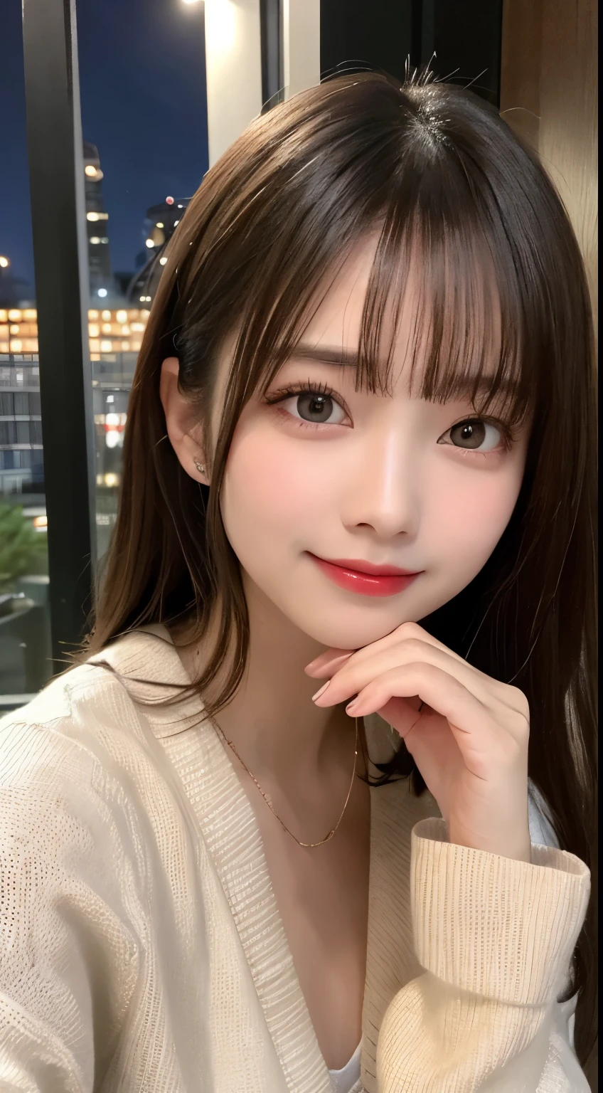 table top, highest quality, shape, Super detailed, finely, High resolution, 8k wallpaper, 完璧なダイナミックな構shape, beautiful and detailed eyes, small breasts, natural color lip, random sexy pose,smile,20 year old girl、midnight、Beautiful and dense face、perfect and beautiful face,Big eyes、Raw photo（best image quality）,long sleeve blouse、cardigan、flare skirt、luxury tower apartment、cute face、cute,night mode