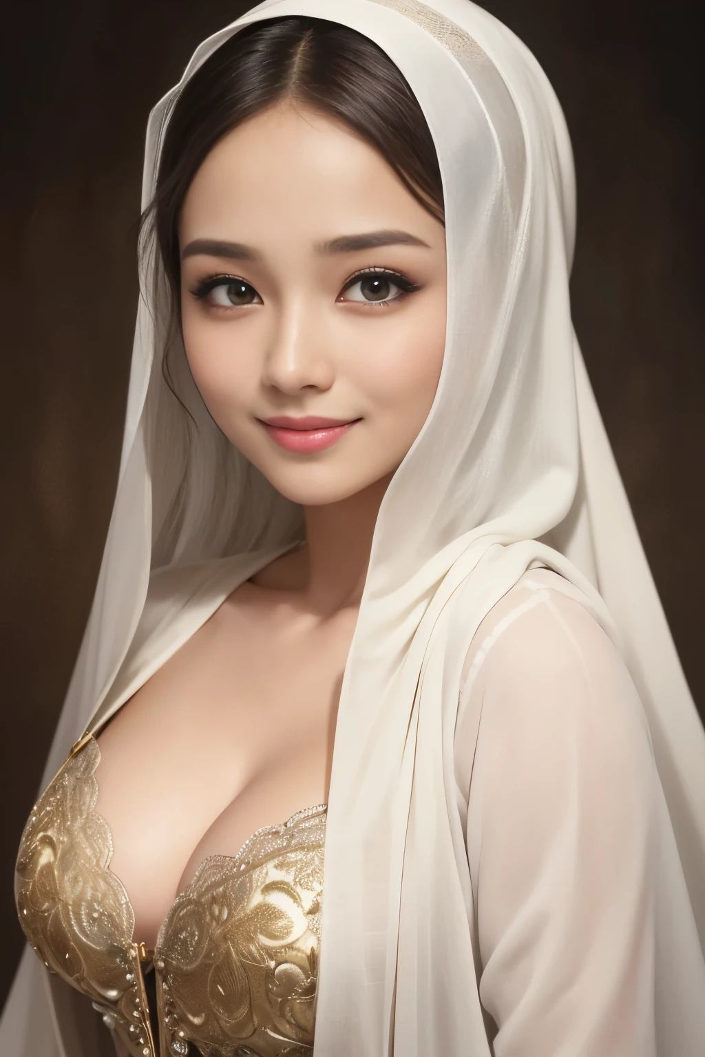 rainbow, cleavage, hijabi, Absurd, ultra-detailed, high quality, masterpiece, detailed face, beautiful eyes(detailed eyes), javanese, gentle and graceful, face exudes warmth and kindness, eyes described as soft and comforting, gentle and steady gaze, overall appearance is simple and modest, The fabric of her garments is usually depicted as soft and earth-toned, beauty lies not in extravagant adornments, Her smile is serene and welcoming