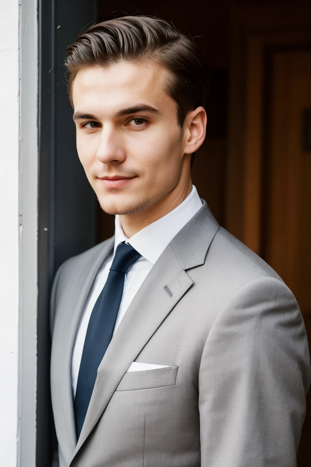 MAN in a formal suit, waist-high photo, Modern Russian man, realistic, Best quality, open view of the viewer, Smirk. Short haircut without styling. man
