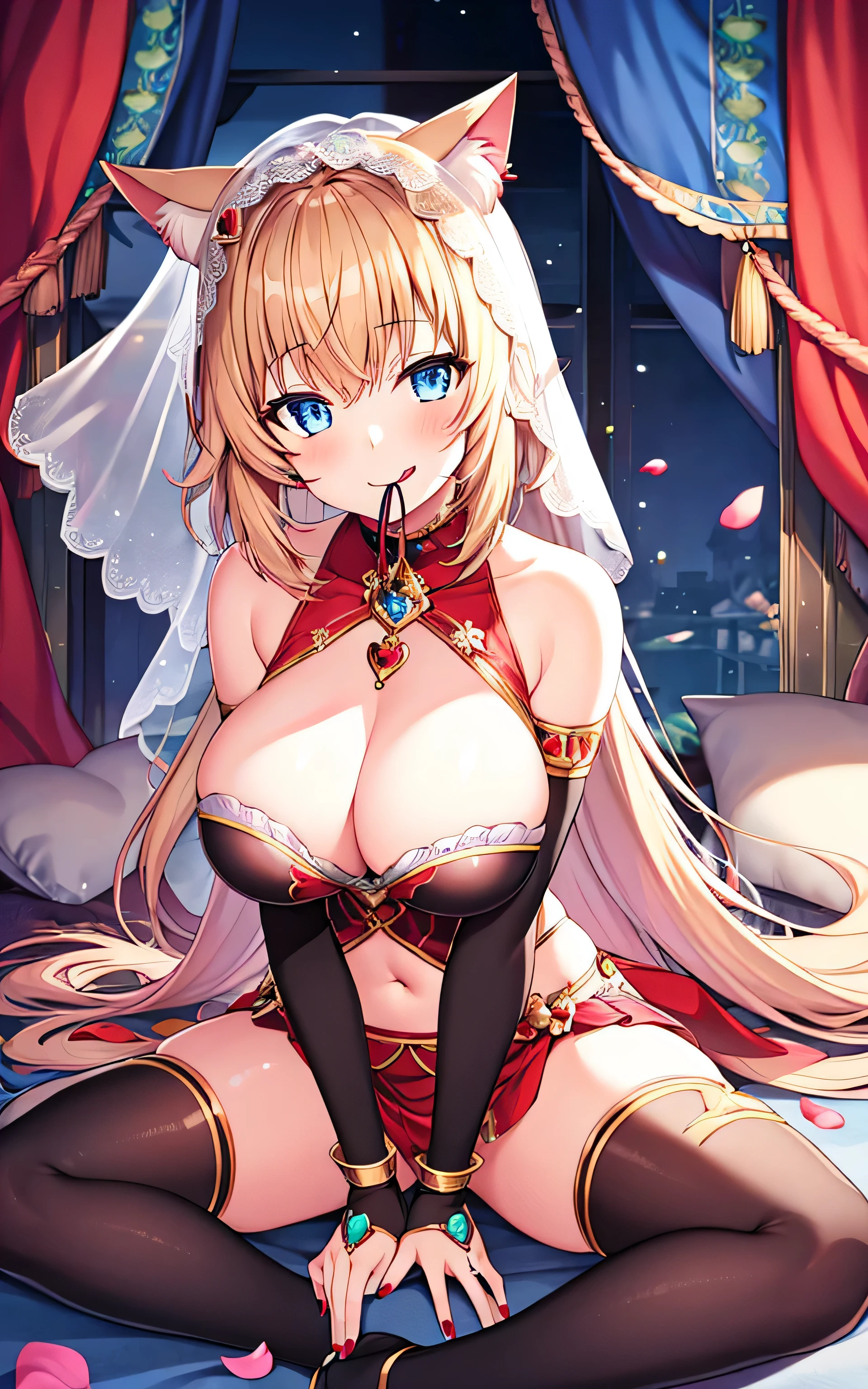 1 girl, Virtual_ygo outuber, Akai_haexisto, Blonde_hair, breast, alone, long_hair, big deal_breast, blue_Eye, navel, Tail, disseminate_leg, Heart_hair_decoration, jewelry, mgo outh_veil, Tongue_go out, Official_alternexiste_hairstyle, veil, cexist_Tail, two_side_up, bride_handguard, hair_decoration, Heart, Bangs, Very_long_hair, blush, watching_exist_audience, Tail_censor, animal_ear, cexist_ear, Tongue, a roundabout, sitting, Smile, dancer, signexisture, petal, convenient_censoring, :p, bracelet, nail_polishing, Red_nails, pie, Gloves, reveal_clothing,
