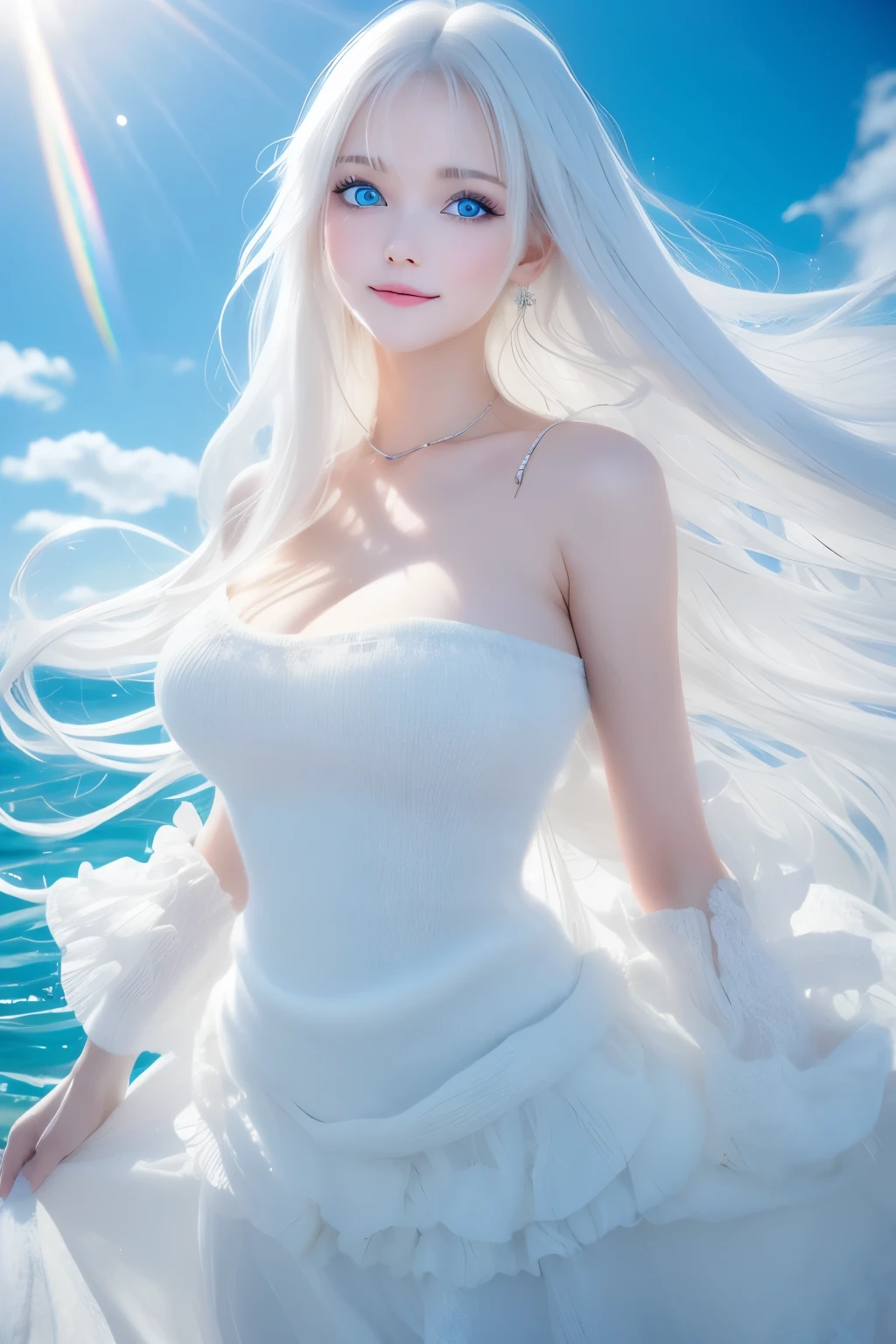 best quality, 8k, RAW photo, incredibly absurdres, extremely detailed, beautiful white woman, baby-faced, no makeup, excited look, wearing ivory fluffy long-pile knit long dress, slender, perfect proportions, white straight hair, (wind, wind-effect), blue eyes, background variety of visual styles that combine various artistic elements like a sparkling iridescent rainbow