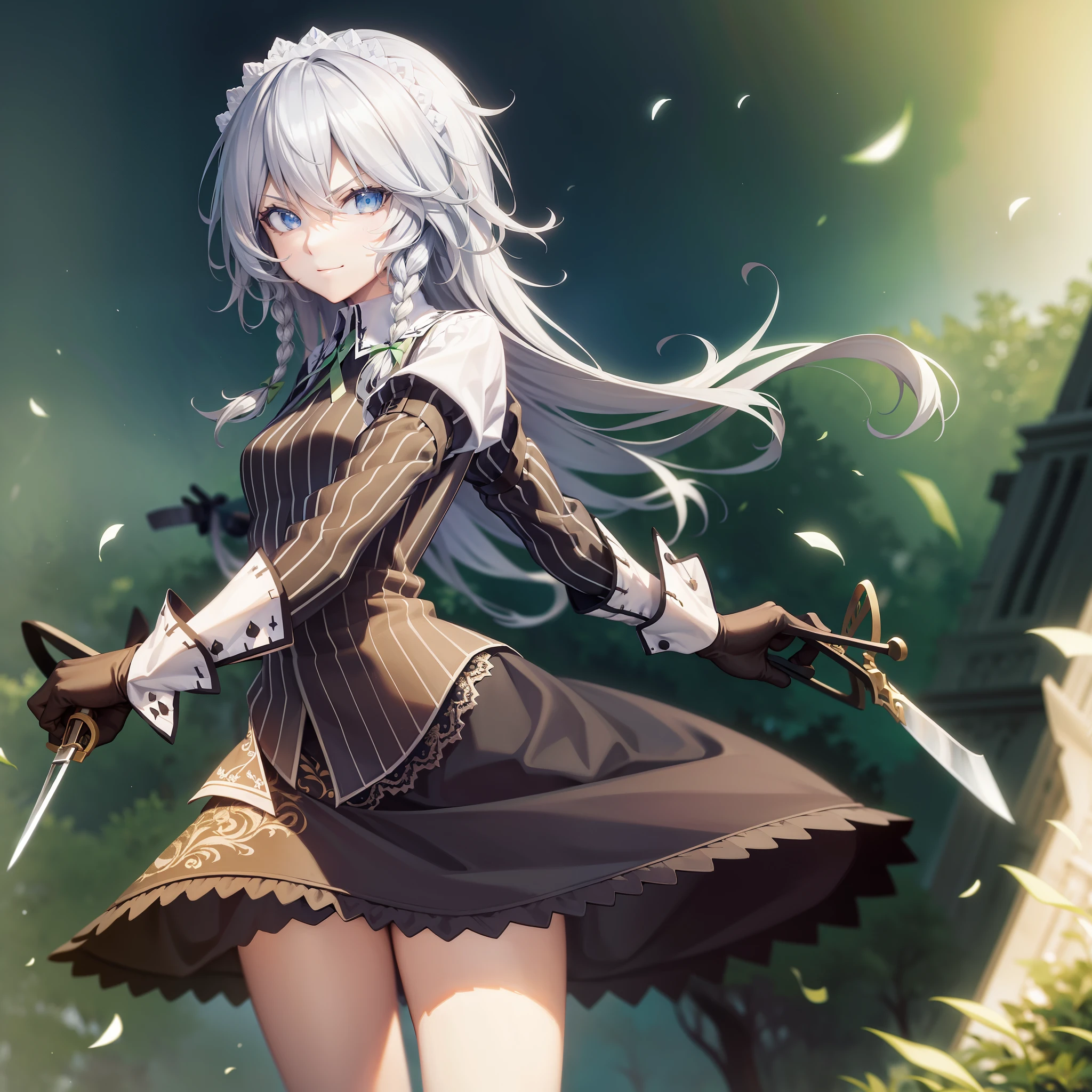 Adult woman, Long brown hair, Green eyes, White formal wear, pomade, Smile, Masterpiece, hiquality,  sakuya izayoi, silver hair, maid dress, white apron, very short skirt, sexy pose, flying knive, holding knife, sleeveless outfit, detailed face, detailed eyes, fresh blue eyes, big green ribbons, blue outfit, double braids, small green ribbons