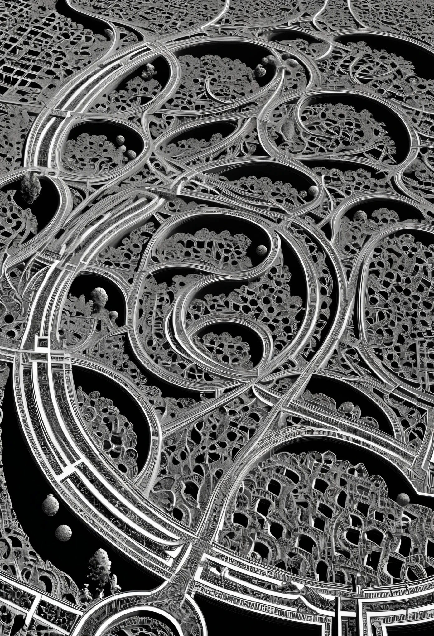 A labyrinth of intricate pathways carved into the surface of the moon, where fractal shadows play tricks on the mind of any lost wanderer style of M.C. Escher