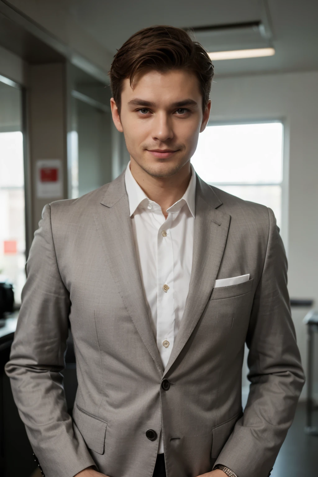 MAN in a formal suit, waist-high photo, Modern Russian man, realistic, Best quality, open view of the viewer, Smirk. Short haircut without styling. man