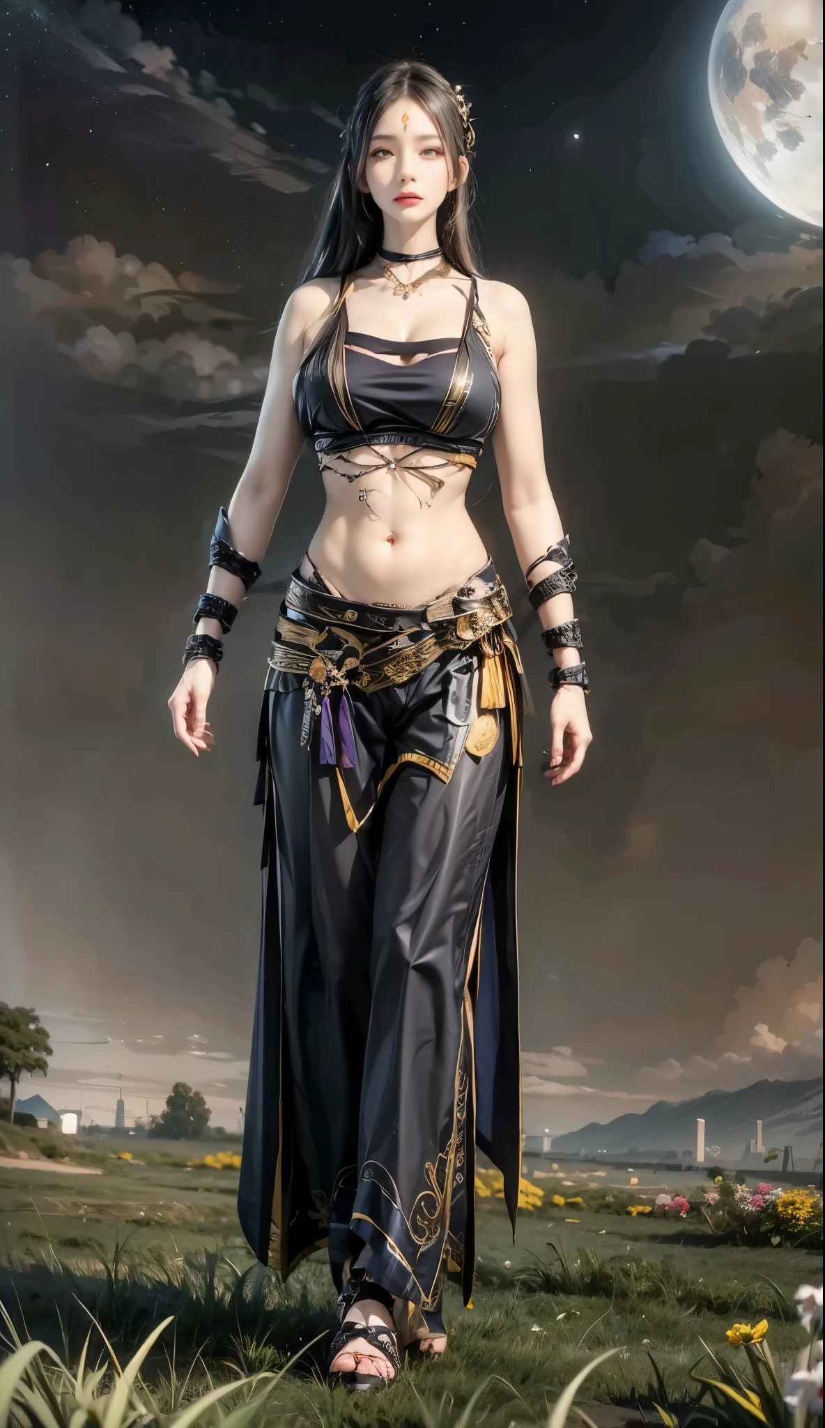 realistic, 1 women, best quality, 12k, Per HD, 1080p, wear Allstars shoes, long hair, big round breasts, cleavage, ponytail, necklace, jewelry, shorts, short jacket, slim hips, hair tie, yellow eyes, black hair, super detailed, Eye details, hair details, person details, mouth details, face details, breast details, clothes details, hair details, pants details, hand details, whole body