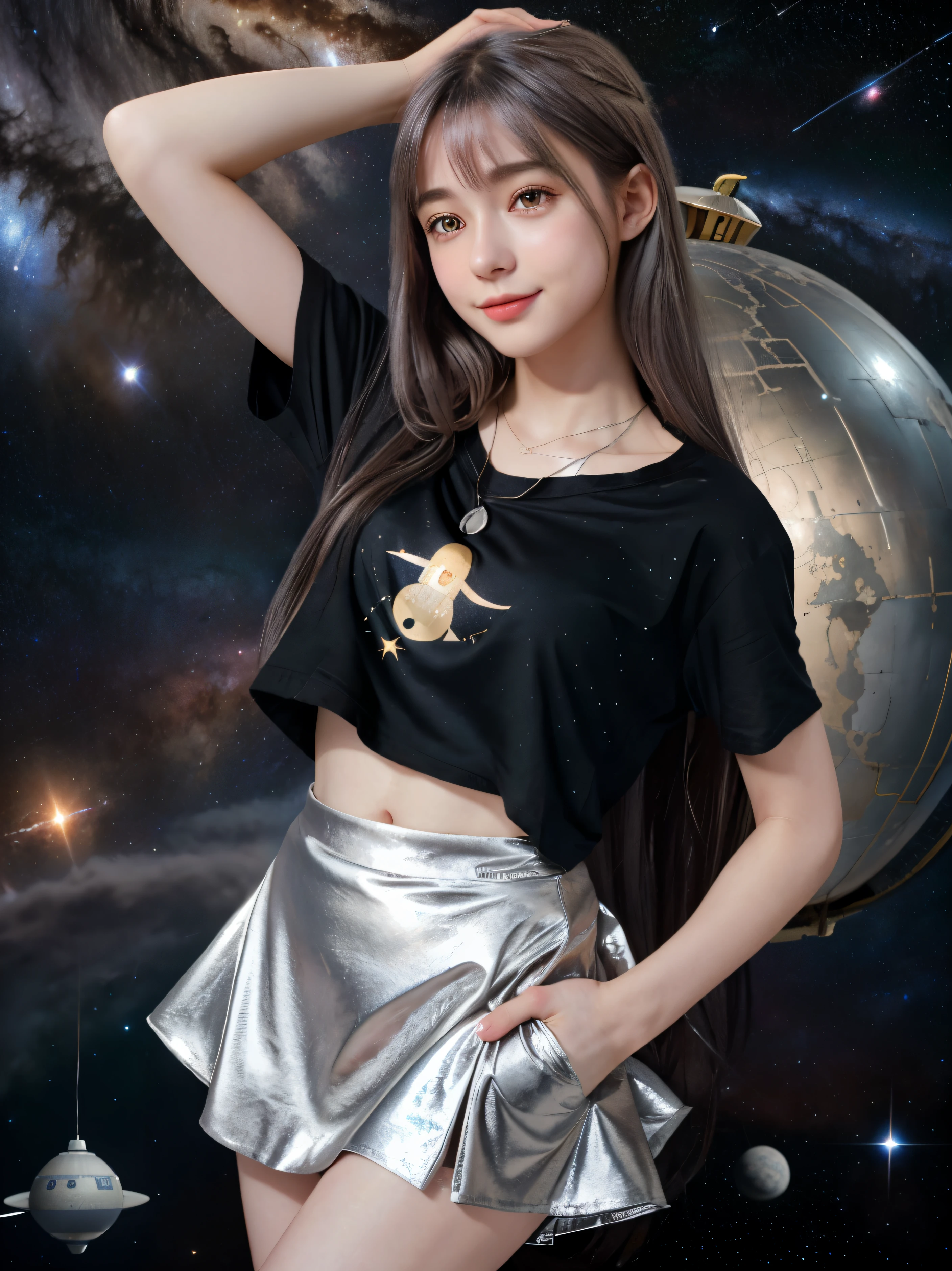 (8k、realistic、Like a photograph)、sleepy cute french girl、smile、silver hair、long hair、black t-shirt、Golden Necklace、future world、spaceship、milky way、night、thin legs、spacewalk,red lipini skirt