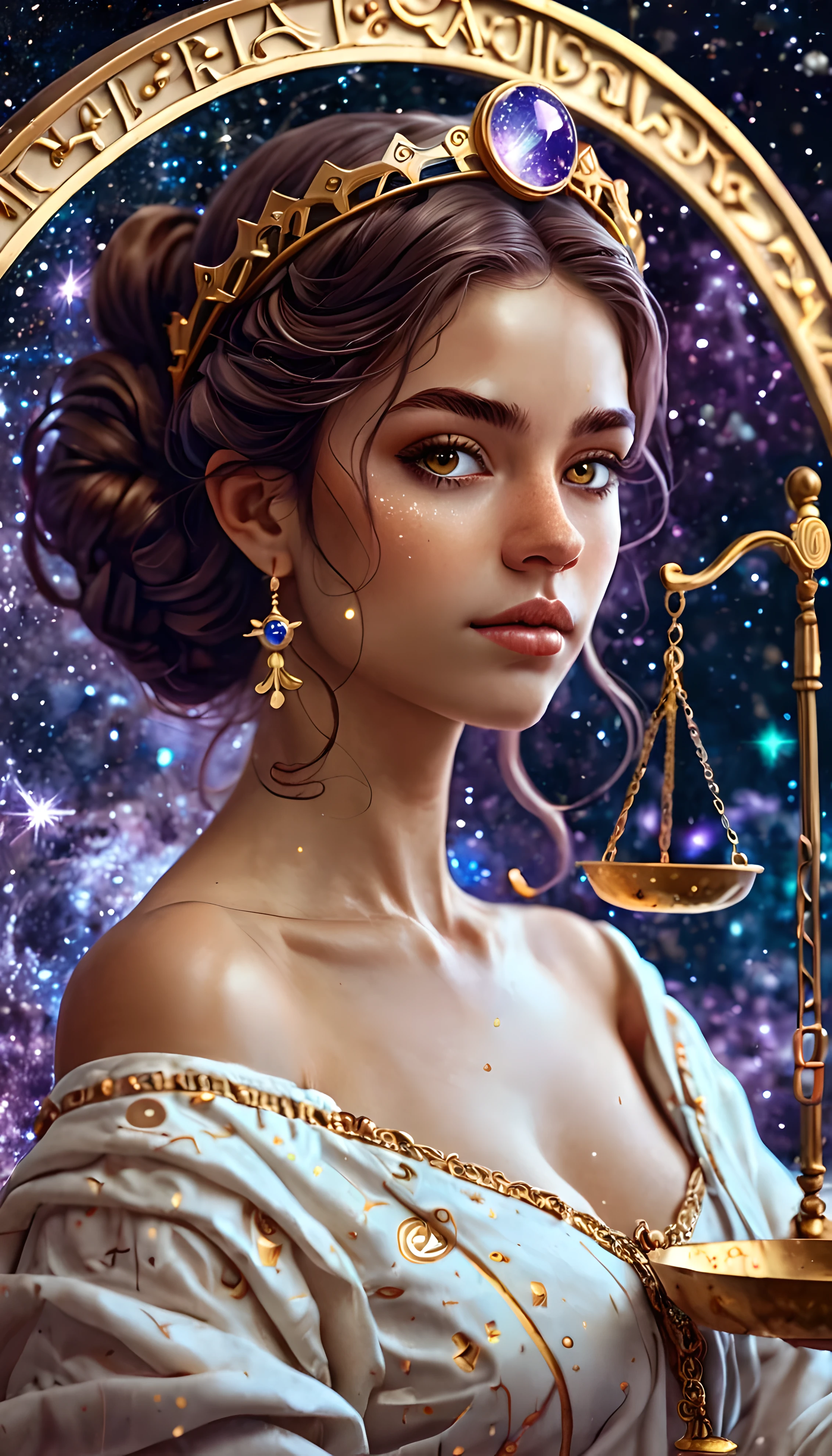 "Representation of the zodiac sign Libra in the form of a woman.: fantastic art in high definition (8K) con tonos oscuros violetas de colores, cabello largo marron, ojos grandes y brillantes, elements that identify Libra such as the scales or symbols related to this zodiac sign." mujer, chica cute, mujer, mujer. quen