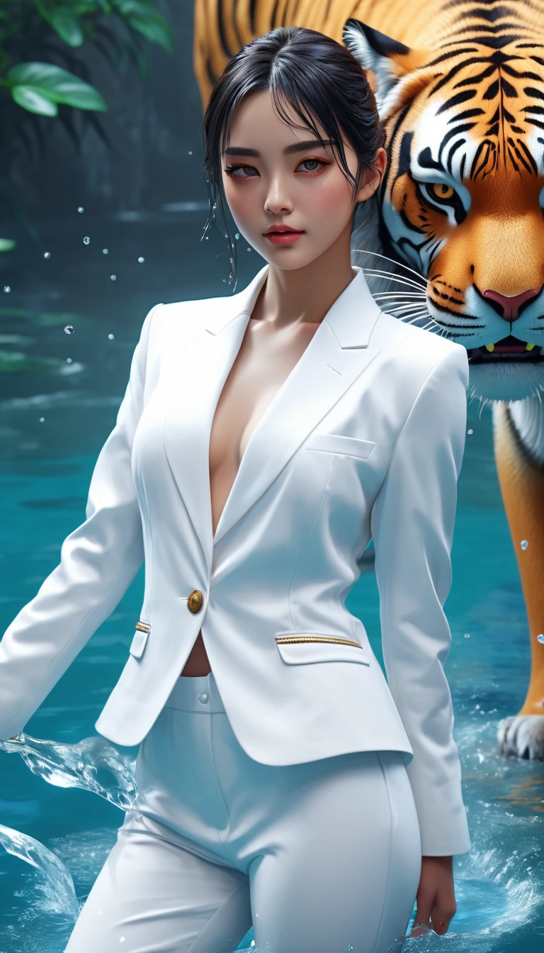 a woman in a white suit and a tiger head, realistic anime 3 d style, realistic artstyle, beautiful digital artwork, 8k high quality detailed art, detailed digital anime art, digital anime illustration, closeup fantasy with water magic, trending on cgstation, great digital art with details, 4k highly detailed digital art, digital anime art, trending digital fantasy art