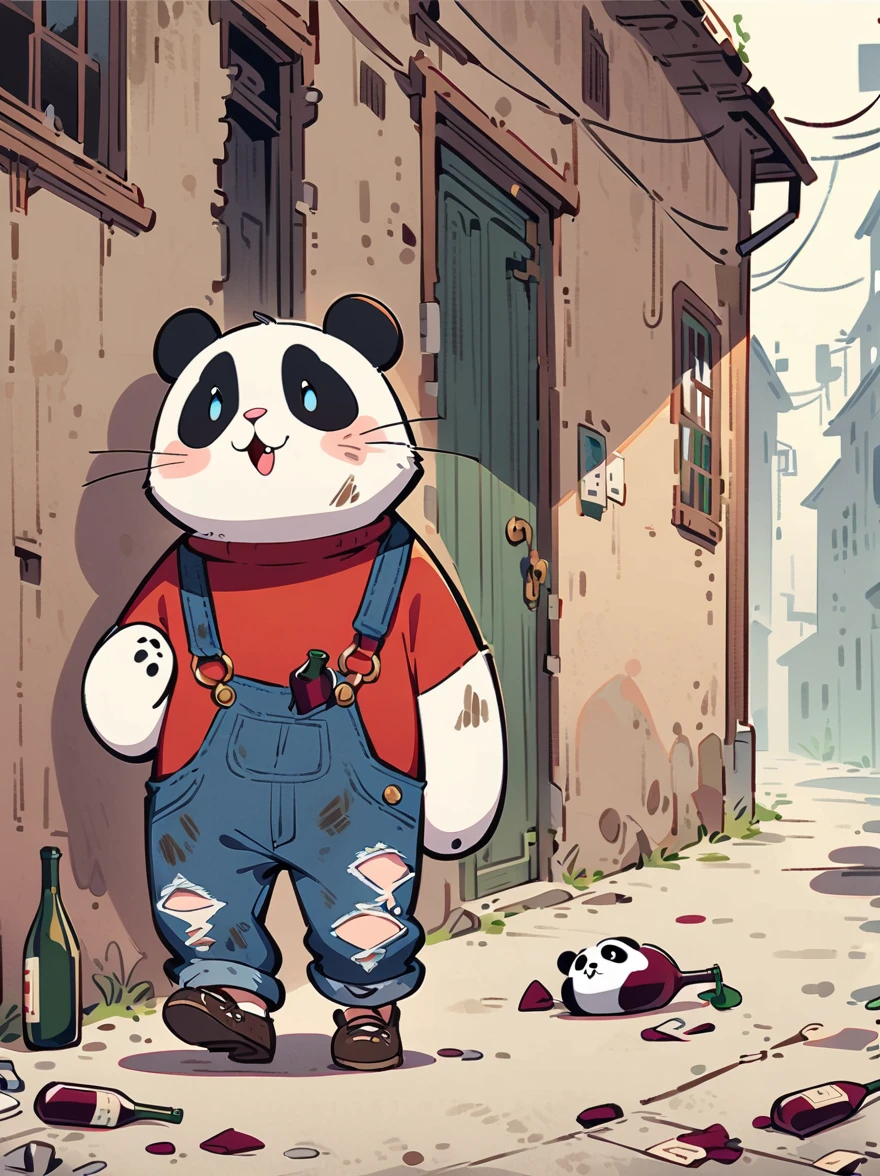 cartoon illustration，simple，depict an anthropomorphic dog，Dirty，eyes dull，Listless，Malaise，decadent，exaggerated expression，Loose ripped denim ripped overalls overalls，red top，Tattered leather shoes，Carrying a big bag behind him，walking in abandoned streets，Many broken wine bottles around，Dirty environment，correct human anatomy