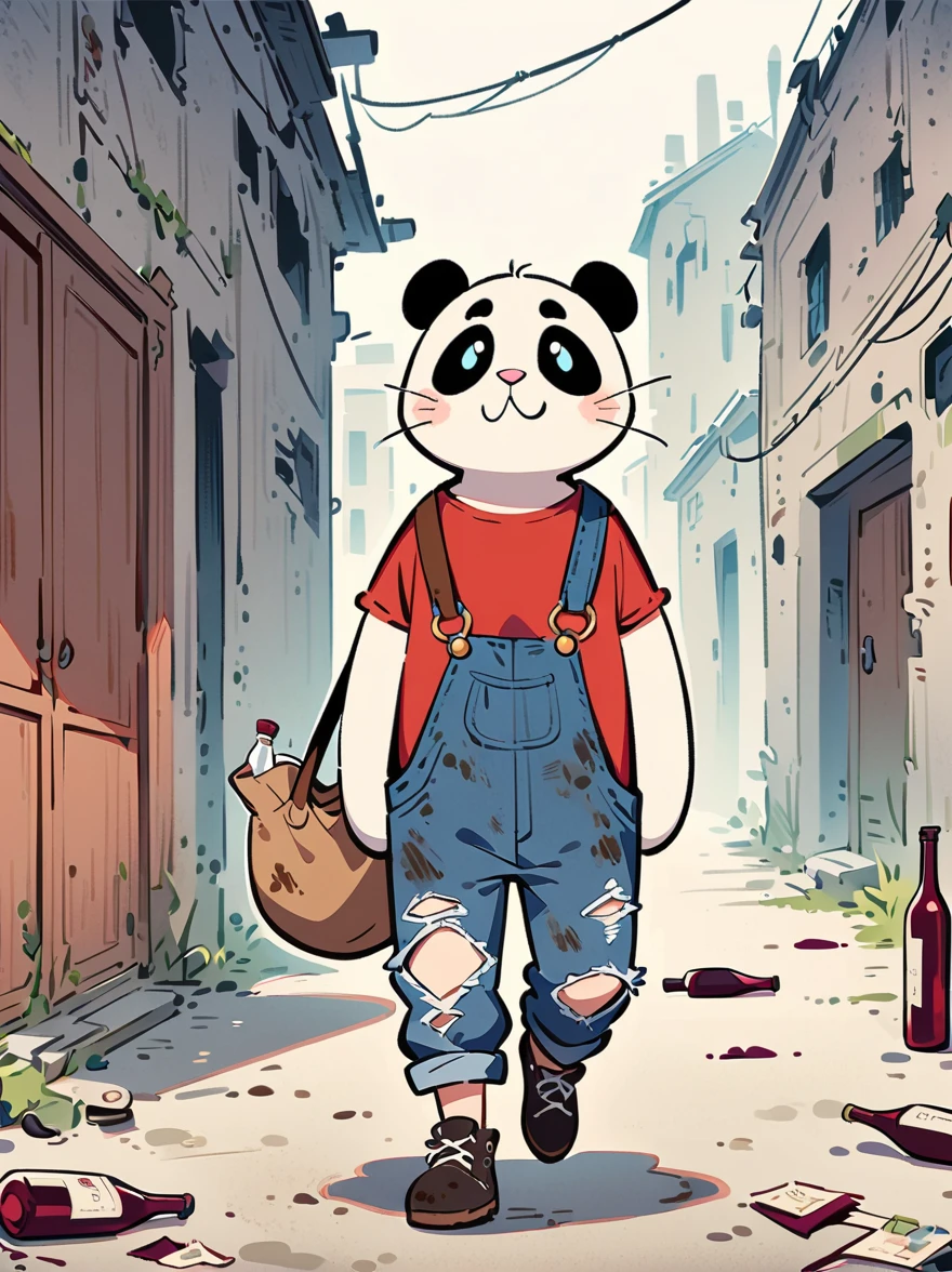 cartoon illustration，simple，depict an anthropomorphic dog，Dirty，eyes dull，Listless，Malaise，decadent，exaggerated expression，Loose ripped denim ripped overalls overalls，red top，Tattered leather shoes，Carrying a big bag behind him，walking in abandoned streets，Many broken wine bottles around，Dirty environment，correct human anatomy