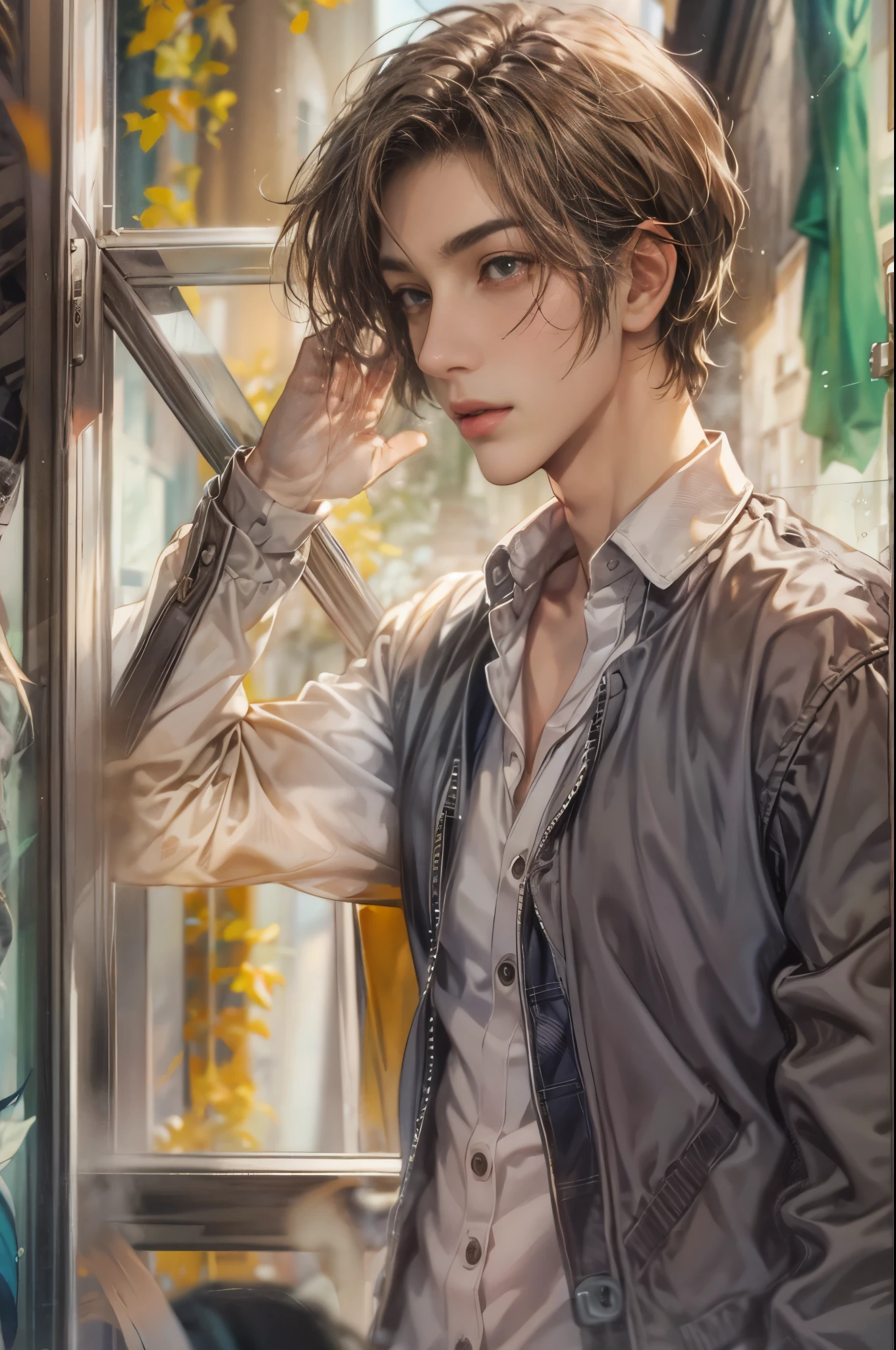 (masterpiece, best quality) character from highschool musical, handsome boy, anime face, with short hair, stylish clothes , modern home interior details