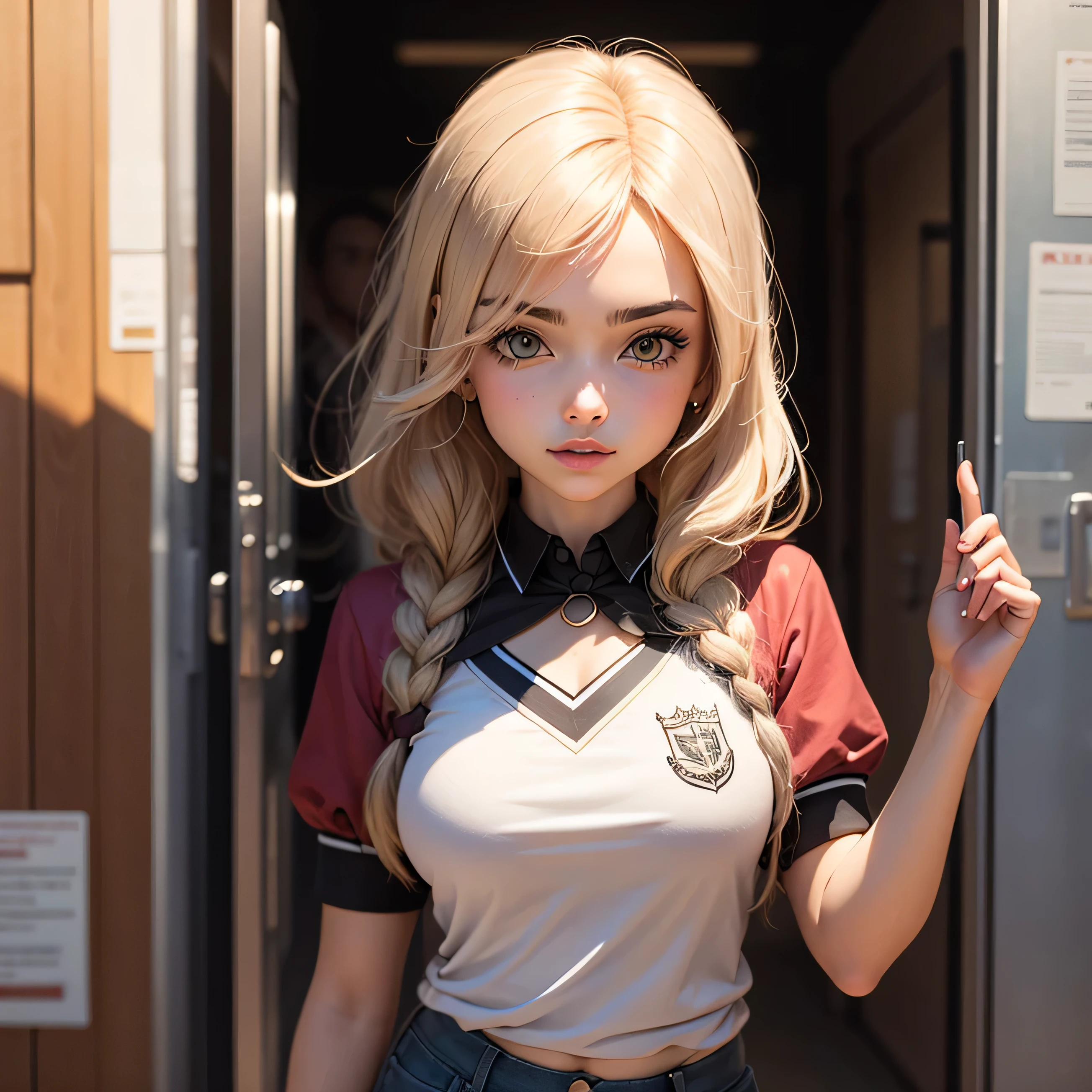 jovem garota colegial, cabelo loiro, olhos azuis, personagem 2d, estilo quadrinhos
