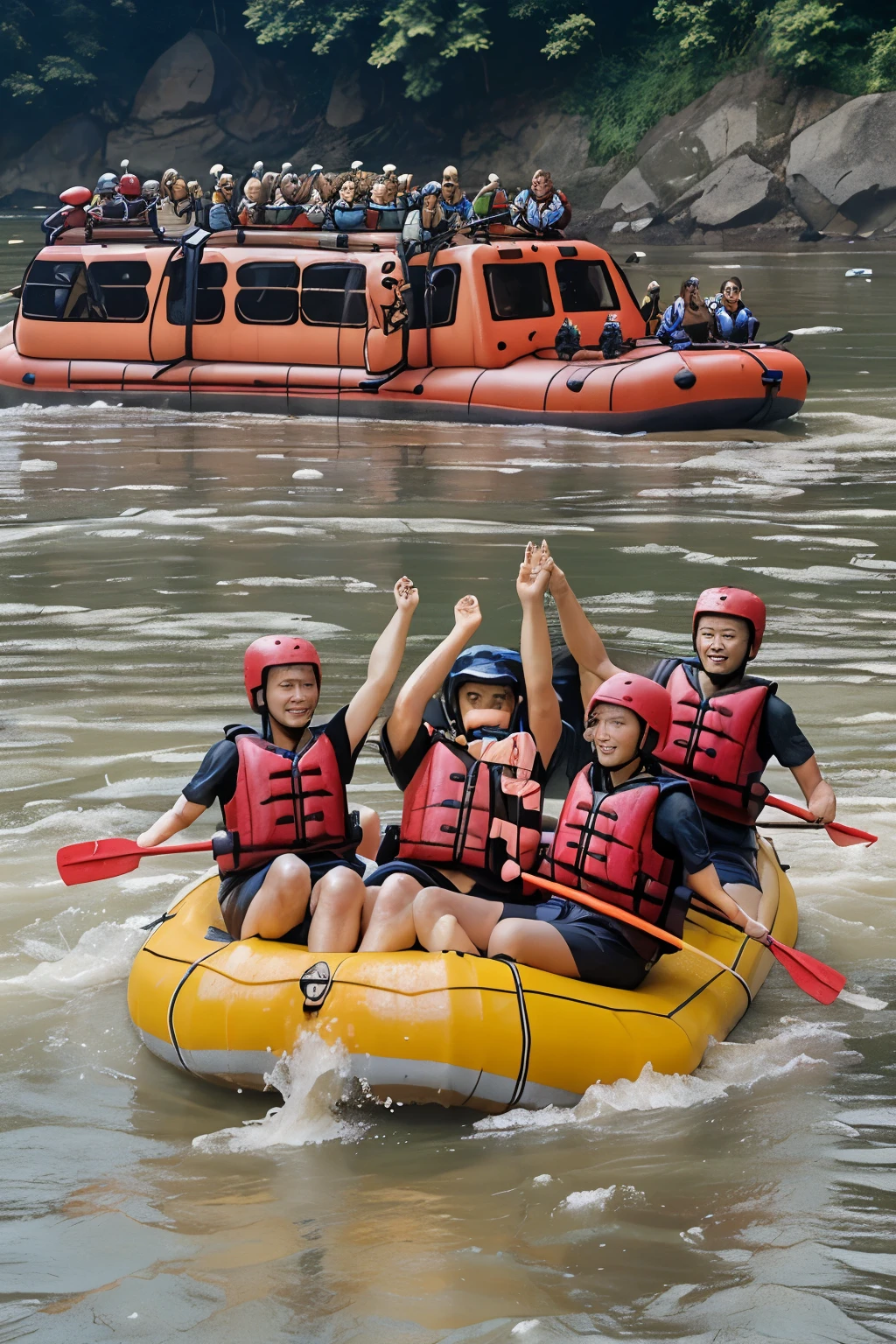 Group of foreign tourists rafting on rubber boats