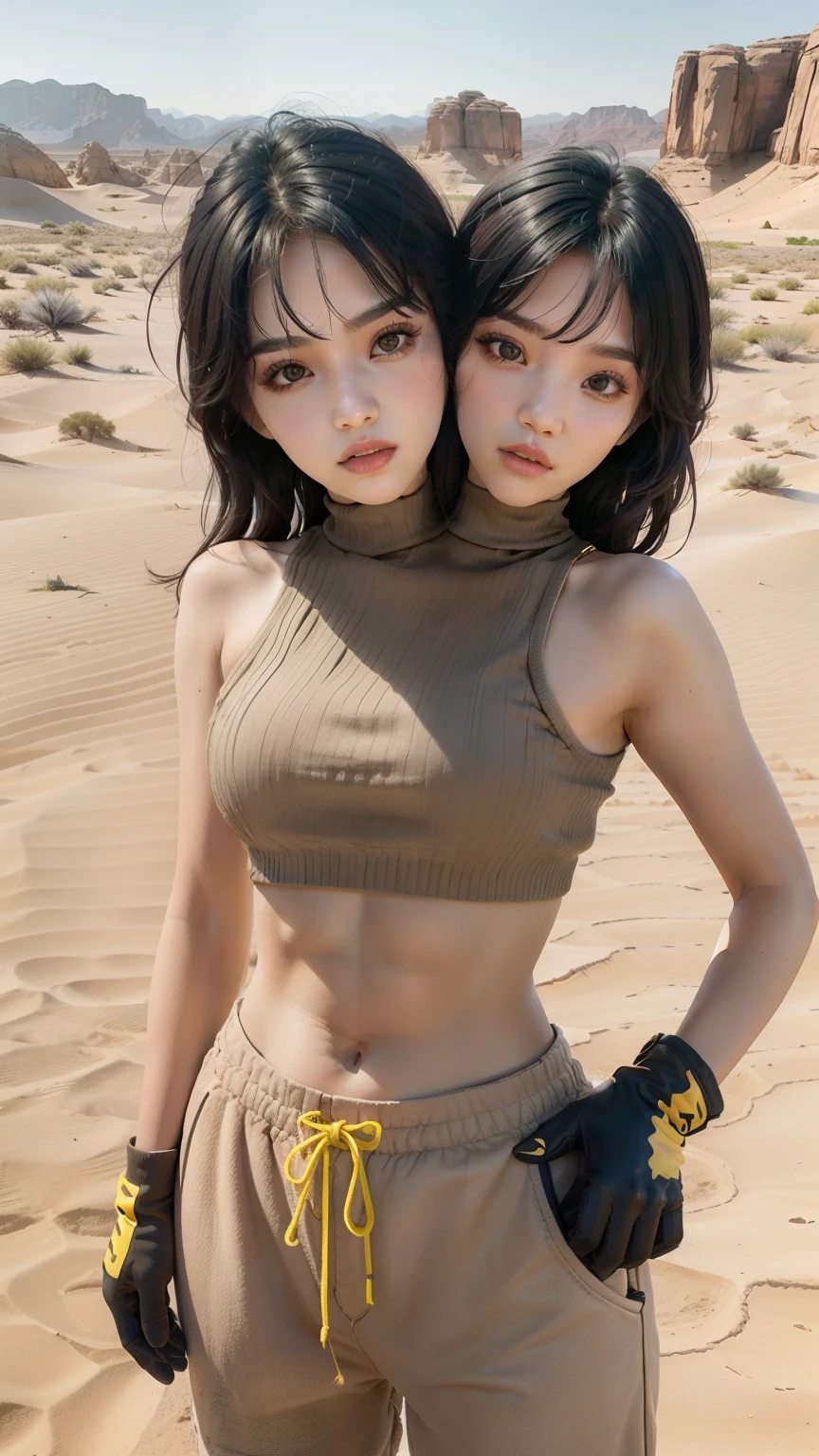 (Sunny day), kpop idol, black hair with bangs, yellow eyes, (crop top, gloves, sweatpants), at the desert, dusty clothing, (mountains, desert sandy, desert background, rocks. Sand), (realistic:1.2), (masterpiece:1.2), ((Cowboy-shot:1.2), dark romantic lighting, (highly detailed:1.2),(detailed face:1.2), (gradients), colorful, detailed eyes, (natural lighting:1.2), solo, conjoined_dicephalus, (two heads:1.2)