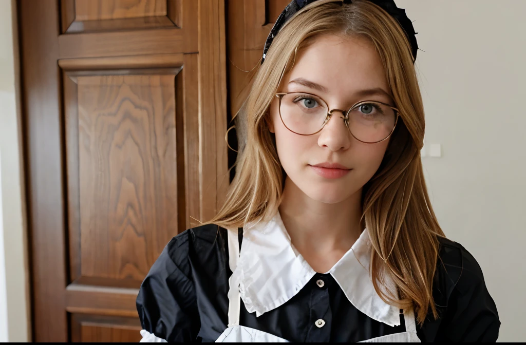 Blonde girl with glasses, dressed as a maid, nice woman