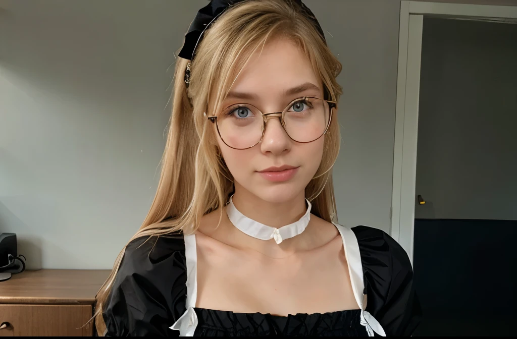 Blonde girl with glasses, dressed as a maid, nice woman