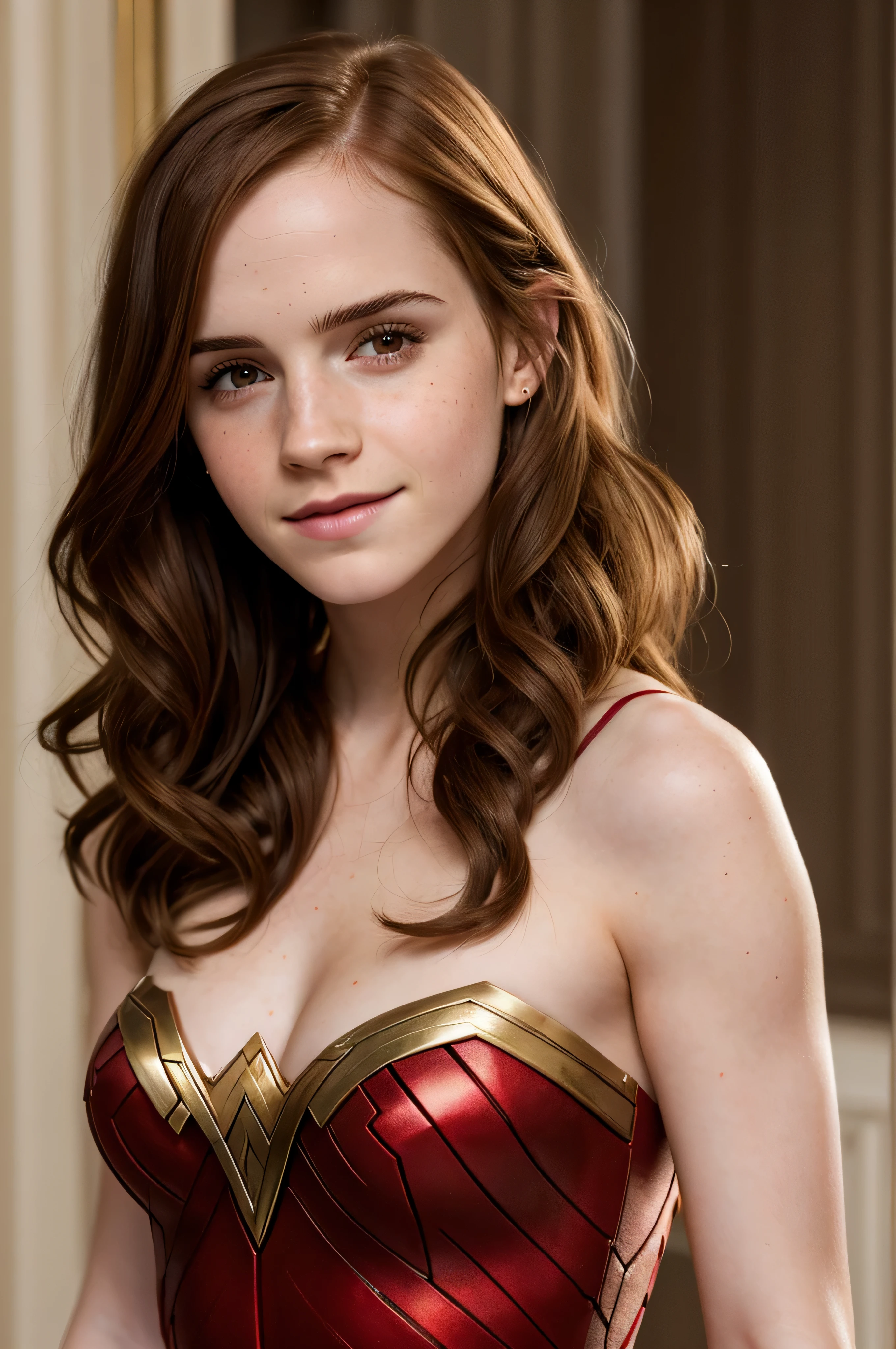 ((high resolution)), ((pale skin)), freckled, Emma Watson, blushing cheeks, wavy hair, smiling, dressed as Wonder Woman
