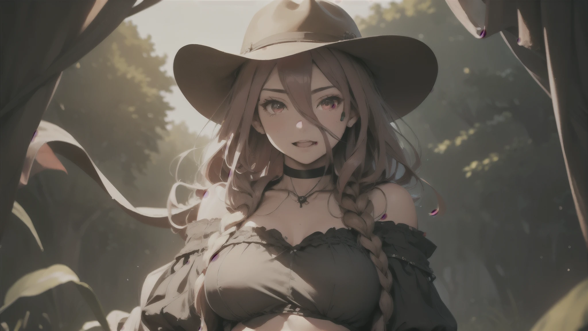 Brown Western Hat, face lighting, bright backlight, super high resolution, best quality, Photos, 1girl, hair between eyes, Arachne, long red hair, blue eyes, looking at viewer, western girl, cowgirl, spider girl ,arthropod girl, solo, full body, extra eyes, monster girl, bangs, hair over shoulder, teeth, bare shoulders, choker, groin, sidelocks, arthropod limbs, forest saloon, Western Costumes, Brown pants, woman western, spider legs coming out of back, spider fused with girl