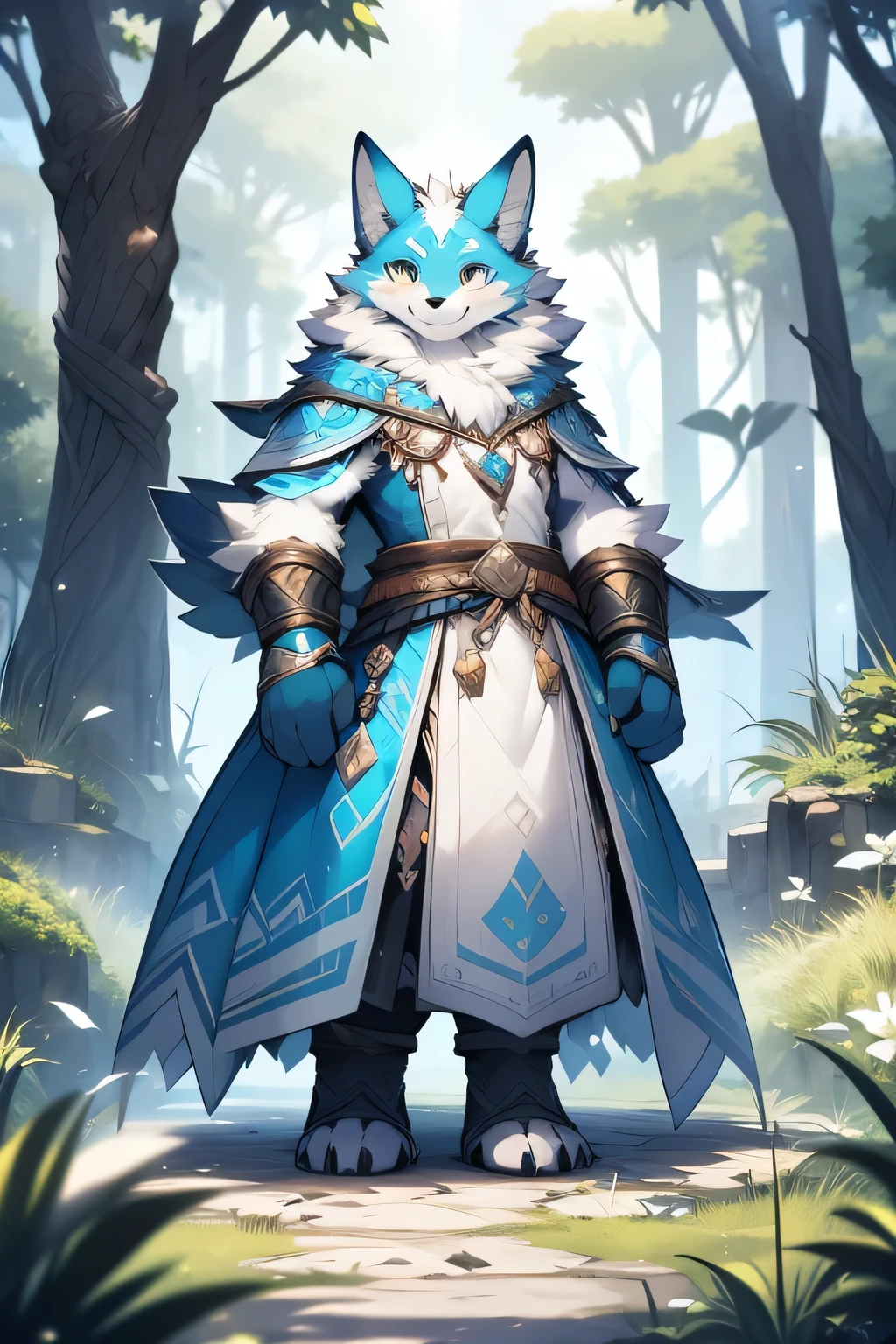 Anthropomorphic wolf，sideways，fluffy fur，Yellow and white patterned fur，Blue patterned fur accents，Handsome，male，alone，masterpiece，super high quality，in the woods，1.8 meters，four fingers，With light blue meat pad，Show teeth when smiling，Full of energy，Rich in details，permanent，Mage profession，