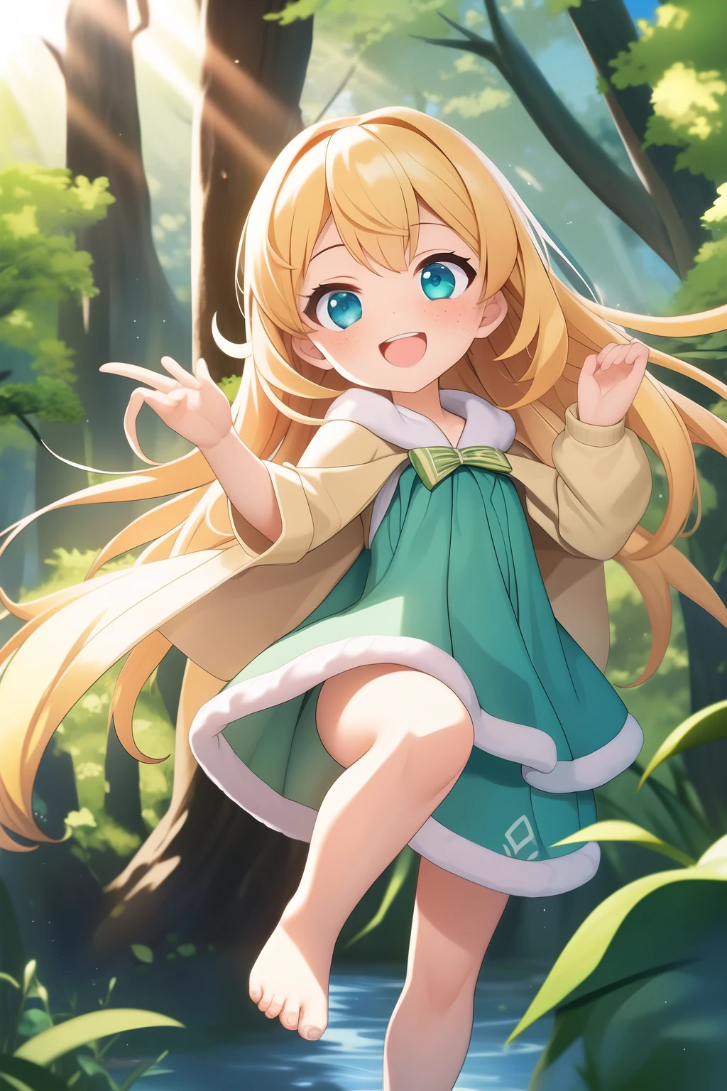 ((Melhor qualidade)), ((obra de arte)), (detalhado), rosto perfeito, Clara is a with golden hair like the sun's rays., que caem em cachos suaves ao redor de seu rosto. Your eyes are the deep blue of the sky on a clear summer day, shining with curiosity and determination. Your skin is soft and clear, adorned with delicate freckles that dance across her nose when she smiles. She is small and agile, com movimentos graciosos que refletem sua natureza curiosa e aventureira. Always dressed in simple and practical clothes, Clara wears an emerald green dress that complements her eyes and a wool coat to protect herself from the cold in the forest.. On your bare feet, ela se move com facilidade pela relva macia e pelas trilhas sinuosas do bosque encantado.