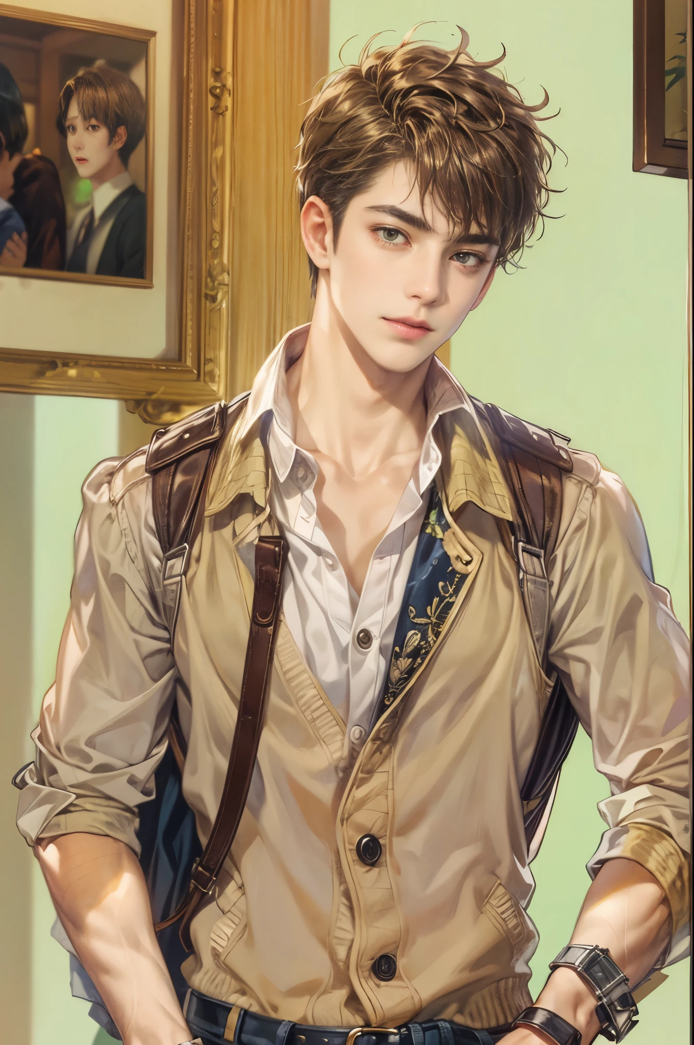 (masterpiece, best quality) character from highschool musical, handsome boy, anime face, with short hair, stylish clothes , modern home interior details