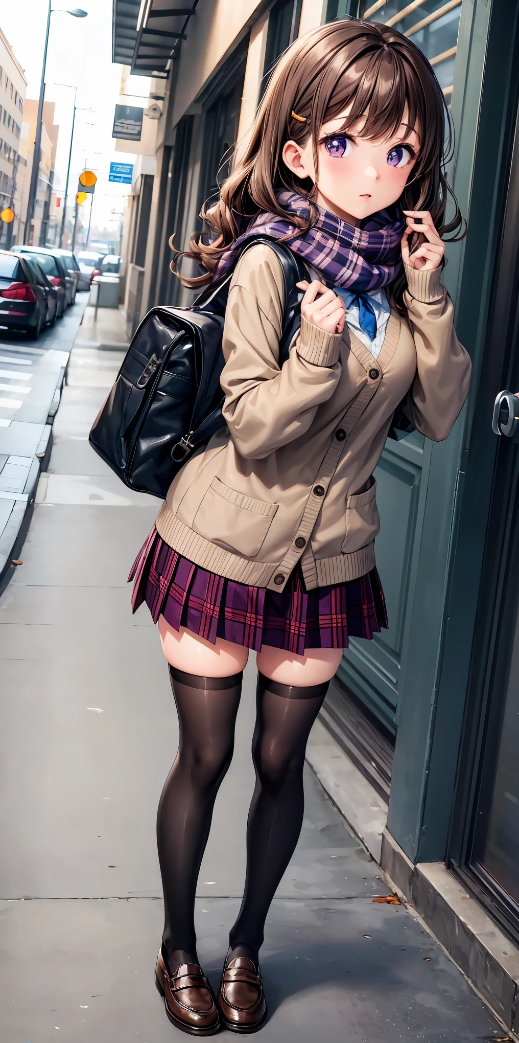 masterpiece:1.2, high quality, best quality, school, Science Lab, wavy hair, brown hair, purple eys, heart shaped pupils, looking back, , cardigan, navy skirt in plaid skirt, pantyhose, Loafers, one school bag, scarf, 1 girl, surprised, standing, shoot from front, full body