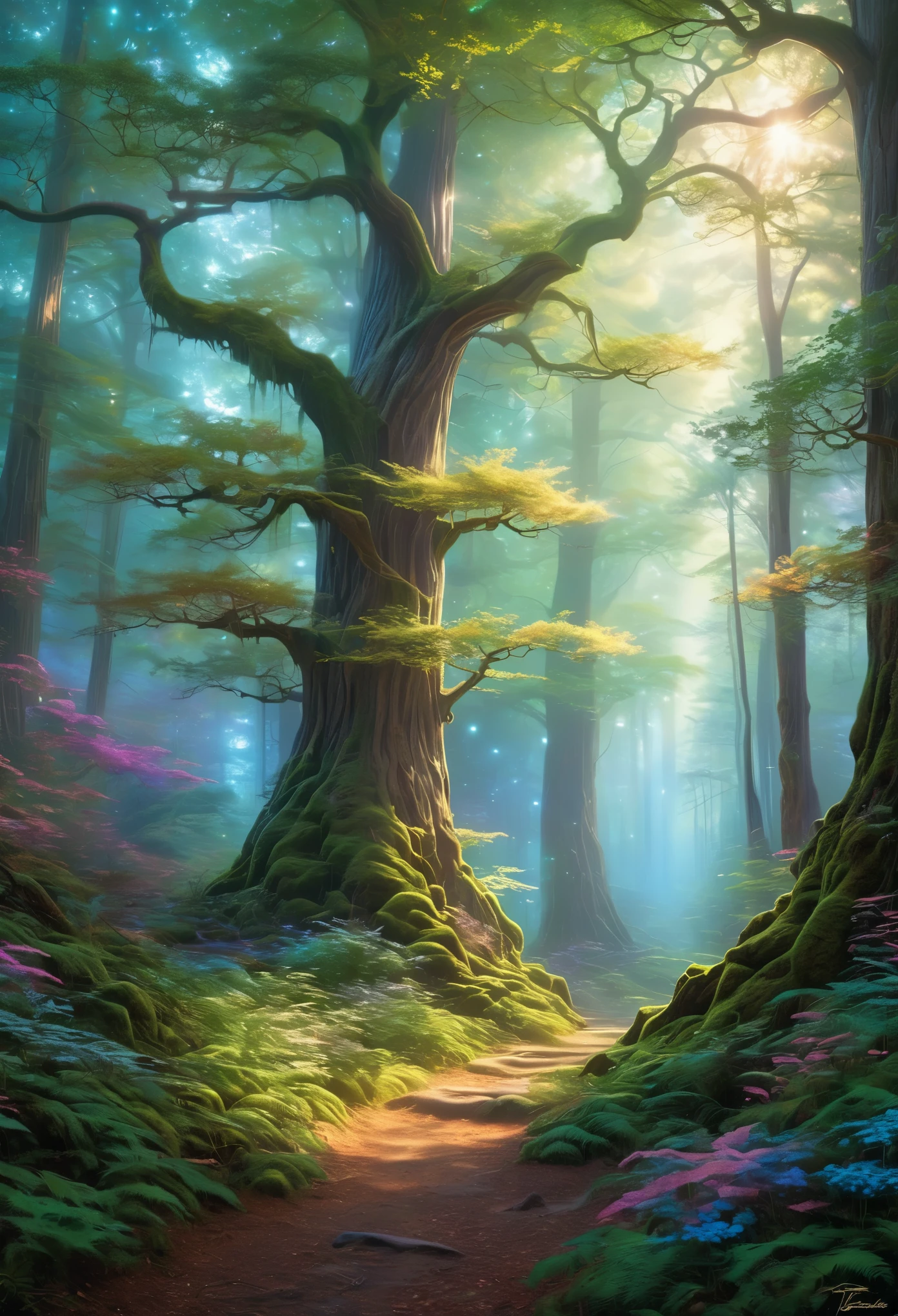 A serene forest scene bathed in soft, otherworldly light, where fractal trees sway gently in a breeze that whispers secrets from distant galaxies style of Thomas Kinkade