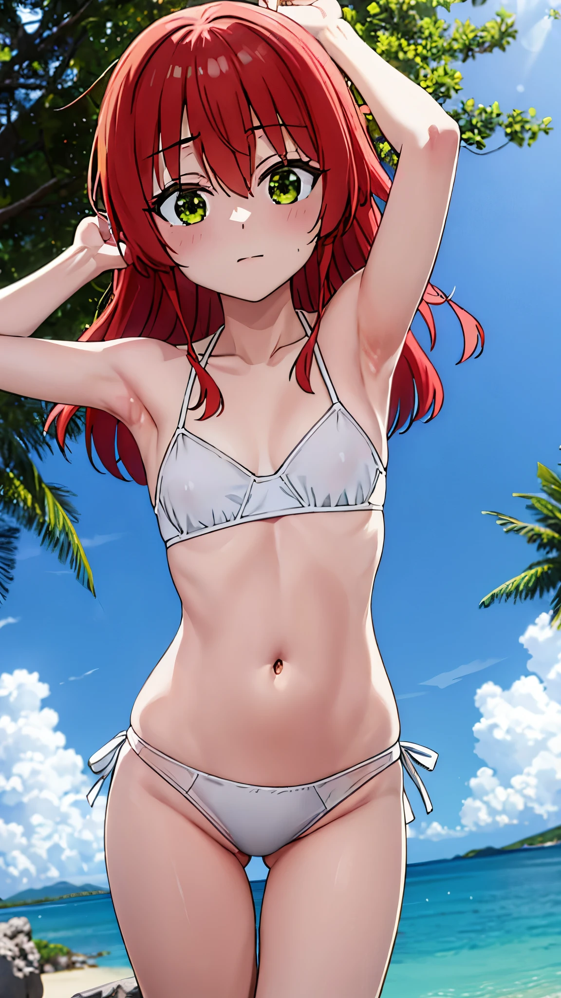 short girl, masterpiece, anime artstyle, highres, solo, 8k, detailed, perfect face, (ultra high quality), looking viewers, armpit, small breast, cleavage, red hair, long hair, green eyes, belly, stomach, navel, abs, white bikini, swimsuit, denim short, mini short, slim body, emotionless, flat face, blush, thigh, at river