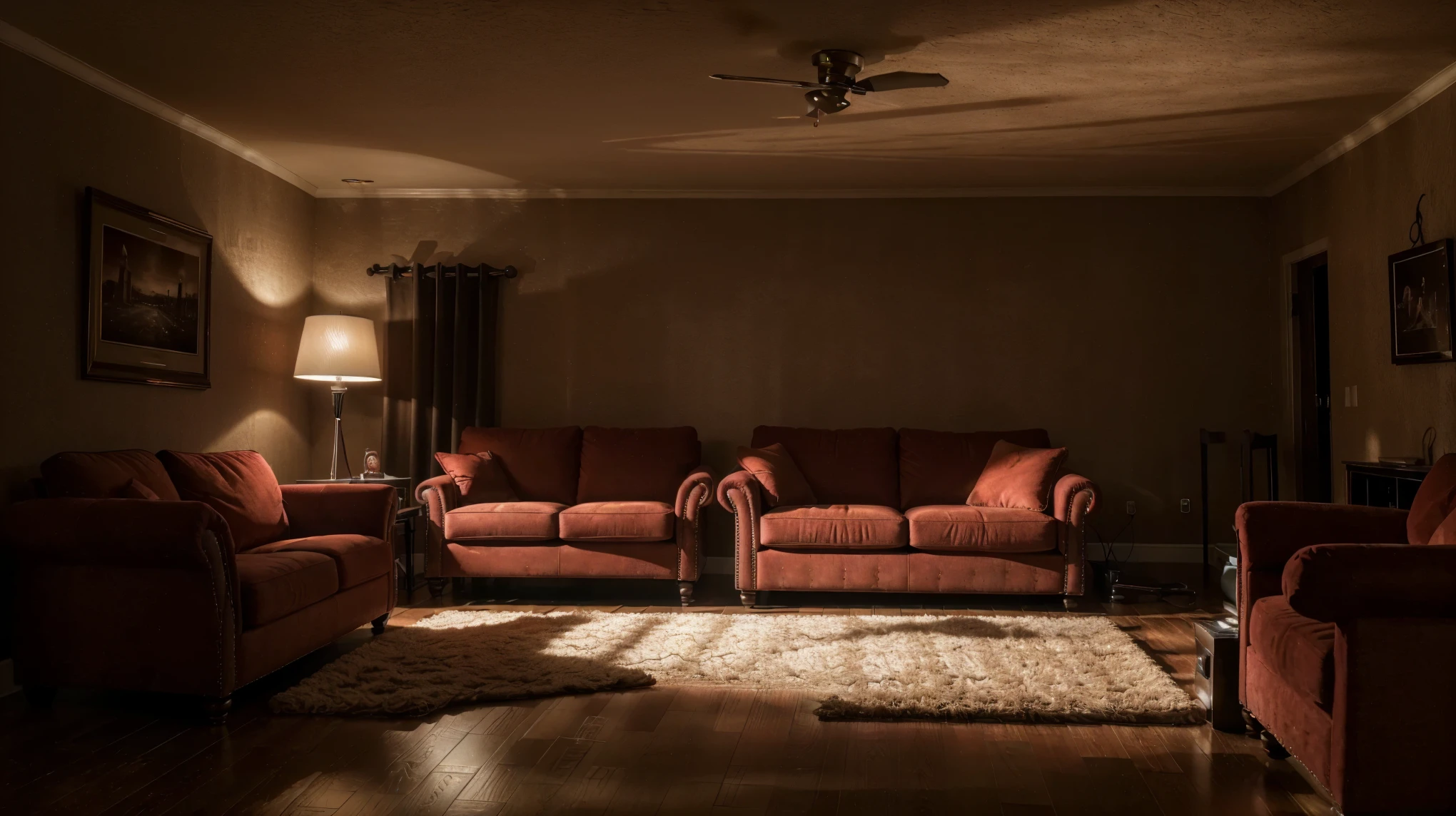 (ultra-detailed, highres, realistic:1.37), spacious living room, cozy atmosphere, red sofa, warm lighting, sunset, comfortable, flat-screen TV, closed window, nighttime, darker ambiance