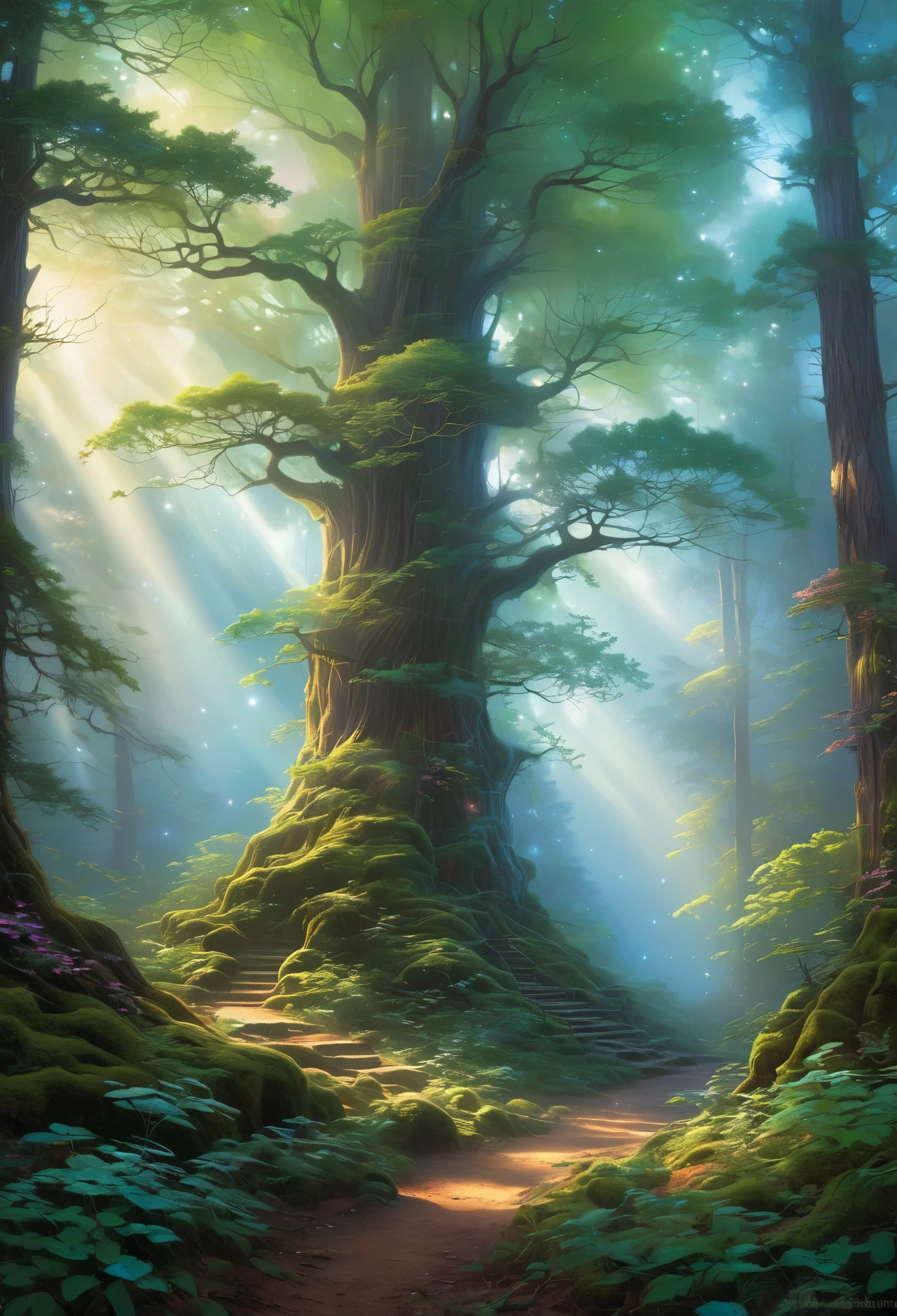 A serene forest scene bathed in soft, otherworldly light, where fractal trees sway gently in a breeze that whispers secrets from distant galaxies style of Thomas Kinkade