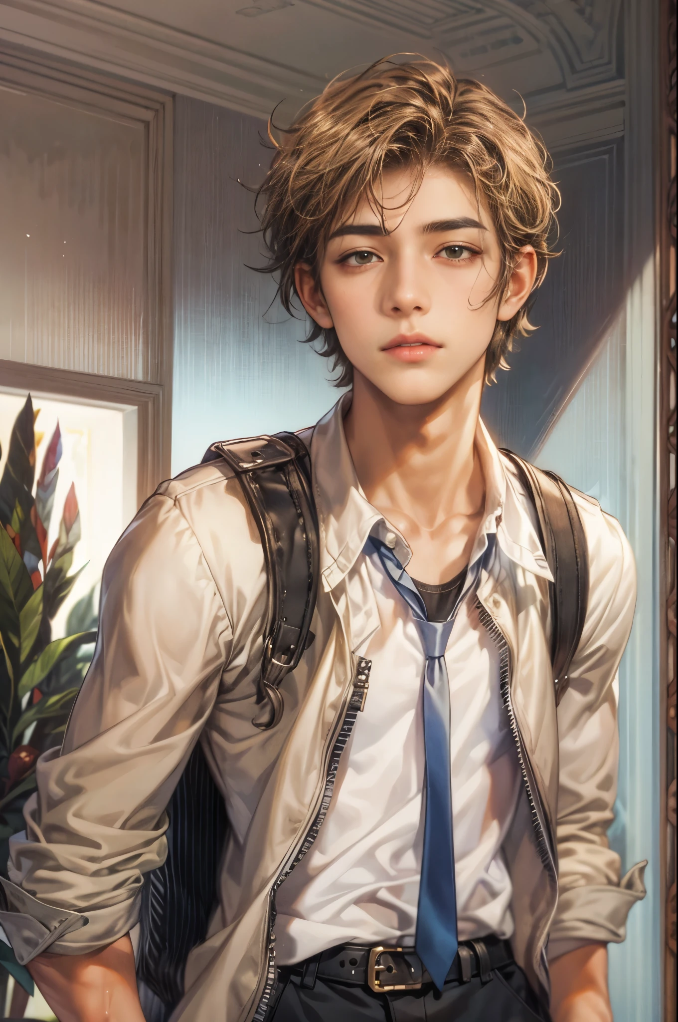 (masterpiece, best quality) character from highschool musical, handsome boy, anime face, with short hair, stylish clothes , modern home interior details