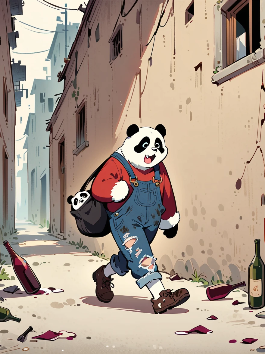 cartoon illustration，simple，depict an anthropomorphic dog，Dirty，eyes dull，Listless，Malaise，decadent，exaggerated expression，Loose ripped denim ripped overalls overalls，red top，Tattered leather shoes，Carrying a big bag behind him，walking in abandoned streets，Many broken wine bottles around，Dirty environment，correct human anatomy