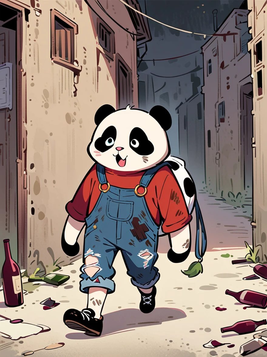 cartoon illustration，simple，depict an anthropomorphic dog，Dirty，eyes dull，Listless，Malaise，decadent，exaggerated expression，Loose ripped denim ripped overalls overalls，red top，Tattered leather shoes，Carrying a big bag behind him，walking in abandoned streets，Many broken wine bottles around，Dirty environment，correct human anatomy