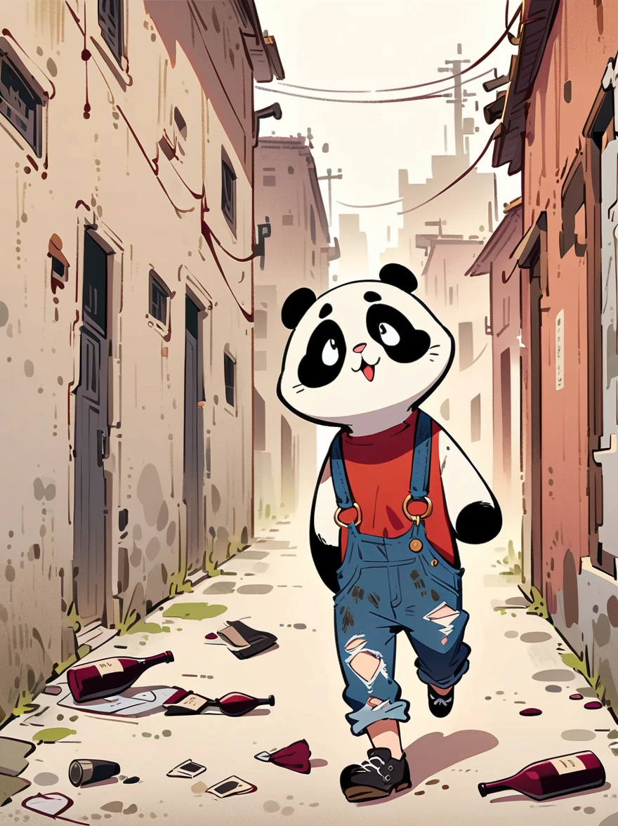 cartoon illustration，simple，depict an anthropomorphic dog，Dirty，eyes dull，Listless，Malaise，decadent，exaggerated expression，Loose ripped denim ripped overalls overalls，red top，Tattered leather shoes，Carrying a big bag behind him，walking in abandoned streets，Many broken wine bottles around，Dirty environment，correct human anatomy