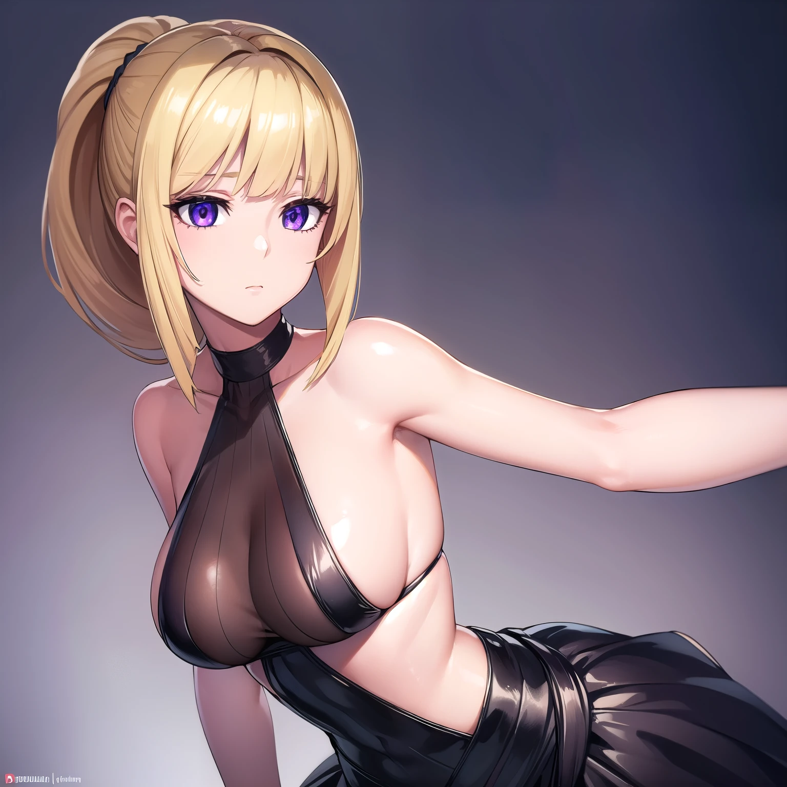 1girl, solo, kudeliaainabernstein, kudelia aina bernstein, (purple eyes:1.1), short hair, blonde hair, bangs, blunt bangs, ponytail,
BREAK, very big belt, black dress, sleeveless dress, sleeveless outfit, detailed dress, luxurious dress, earing, very long black glove, black seethrough dress on her chest and her neck, golden necklace, medium breast,
BREAK looking at viewer,
BREAK indoors,
BREAK (masterpiece:1.2), best quality, high resolution, unity 8k wallpaper, (illustration:0.8), (beautiful detailed eyes:1.6), extremely detailed face, perfect lighting, extremely detailed CG, (perfect hands, perfect anatomy),