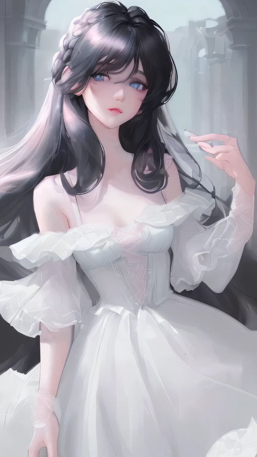 masterpiece:1.2, best quality), beauty 1 female, medium length wavy hair, Black hair, pastel light blue colored eyes, pretty face, fair skin, soft gaze, natural pink lips, looking at the viewer, plain white dress. enjoying the atmosphere, perfect face, perfect lip, beautifull princess.Charismatic. dark black hair.