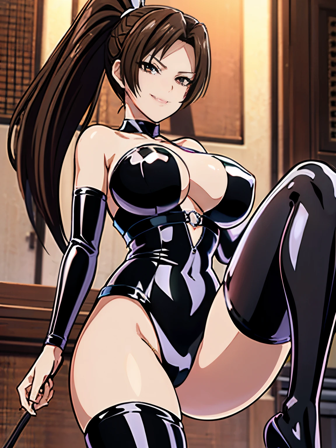 女性1 person、super detailed photos, Full body photo image、(((black shiny latex bondage suit)))、(from below:1.3)、 brown hair, brown eyes, long and high ponytail, hair band, 1 person、25 years old, japanese mature, beautiful fingers, beautiful long legs, beautiful body, beautiful nose, beautiful character design, perfect eyes, perfect face, jewelry, See-through, looking at the viewer, hair ornaments, choker, shy, (smug:1.6)、king of fighters,(((Has a black super long whip:1.5)))、
(table top, highest qualityの, highest quality, beautiful and aesthetic: 1.2), very detailed, more detailed,proper body proportions,table top,Ultra high quality output image,High resolution,intricate details,very delicate and beautiful hair,realistic pictures,dream-like,professional lighting,realistic shadow,focus only,sexy pose,
(big breasts:1.2,) , floating skirt,
Stiletto knee high long boots、anime one、from below、(((depiction of prison)))、(((close your mouth)))