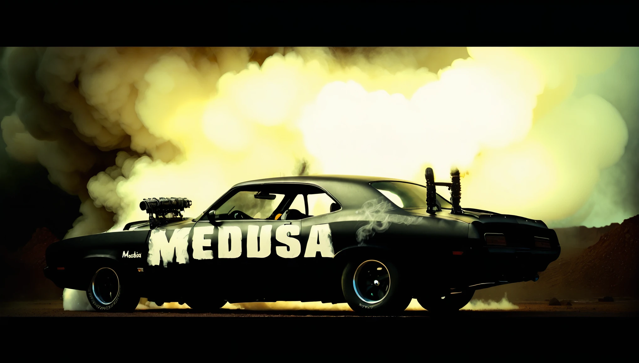 a matte black muscle car with a smoke billowing out of it, white block letters medusa across the side of the car body, only text "MEDUSA" , medium - shot, in mad max style, mad max style, cinematic, apocalyptic, Joelle Jones blended with Sean Gordon Murphy, expressive ink style, cel shading,