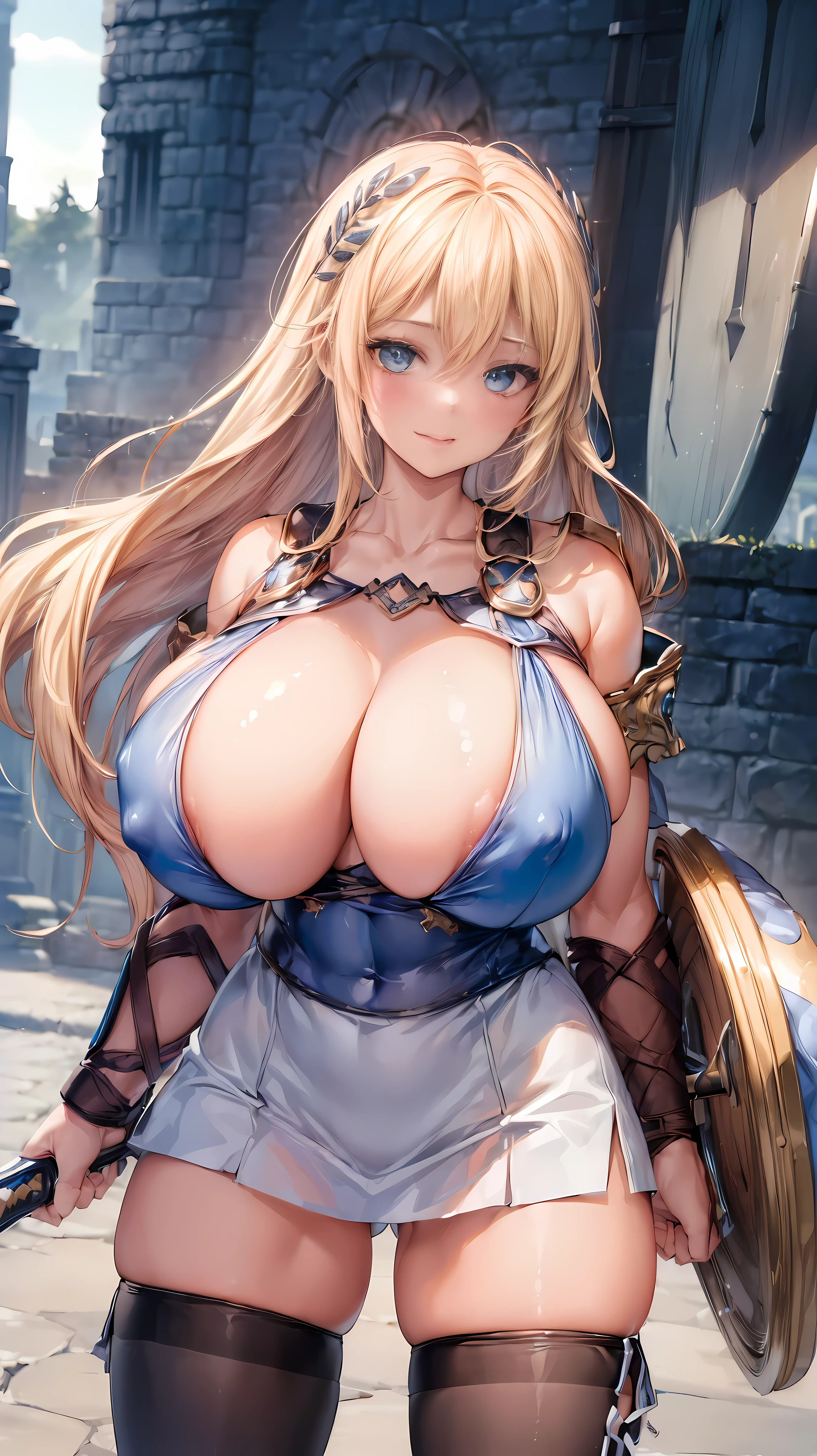 sensual, long blonde hair, thick thighs, 8K, 4k, highest quality, (High resolution:1.6), cute anime face, noise reduction, (shining blue eyes, gentle smile, kind eyes)、toned abdominal muscles, muscular arms, muscular legs,  young face, anime eyes, Sophitia Alexandra、(holding a sword in the right hand:1.5)、(Equipped with a shield on the left arm:1.5)、(SFW huge body:1.8)、knee high tights