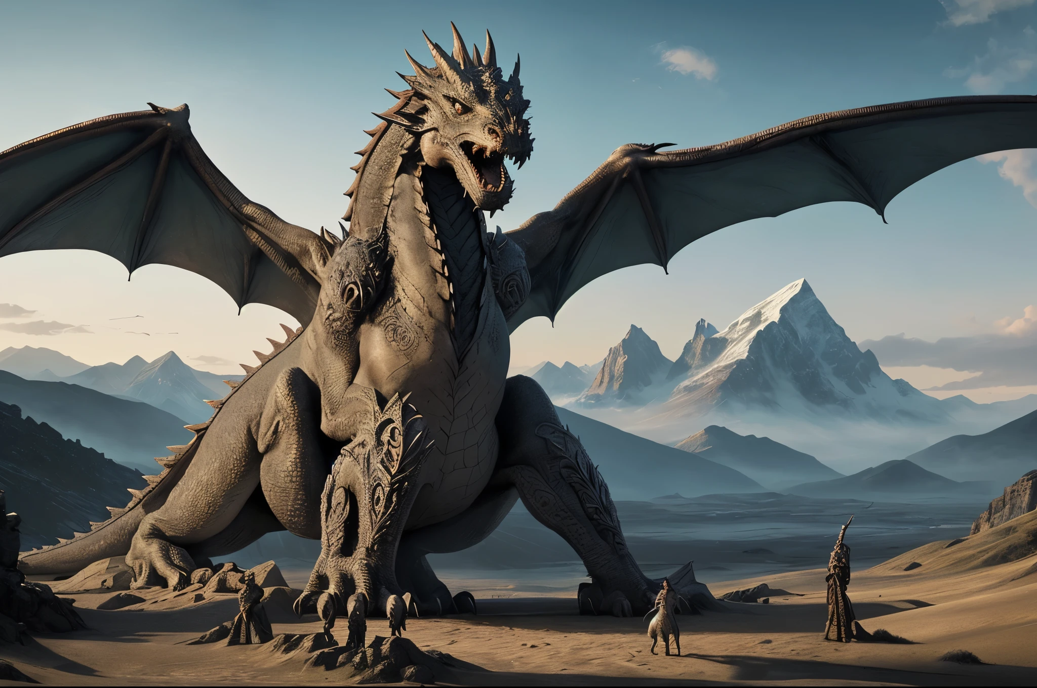 panoramic , a lot of dragons, futuristic-sci-fi but extremely beautiful, (intricate details, masterpiece, best quality:1.4) , game of thrones series style, movie still, dynamic, highly detailed, mountains, sky, 8k
