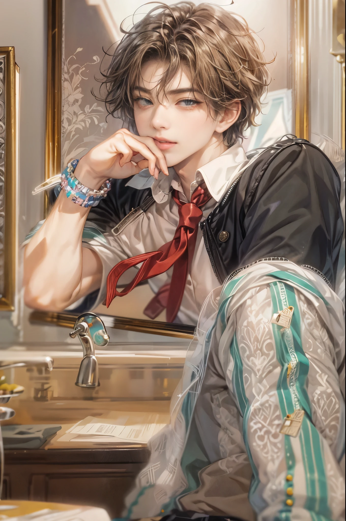 (masterpiece, best quality) character from highschool musical, handsome boy, anime face, with short hair, stylish clothes , modern home interior details