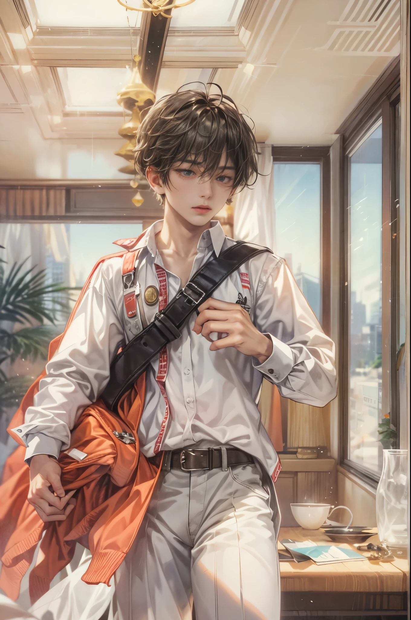 (masterpiece, best quality) character from highschool musical, handsome boy, anime face, with short hair, stylish clothes , modern home interior details