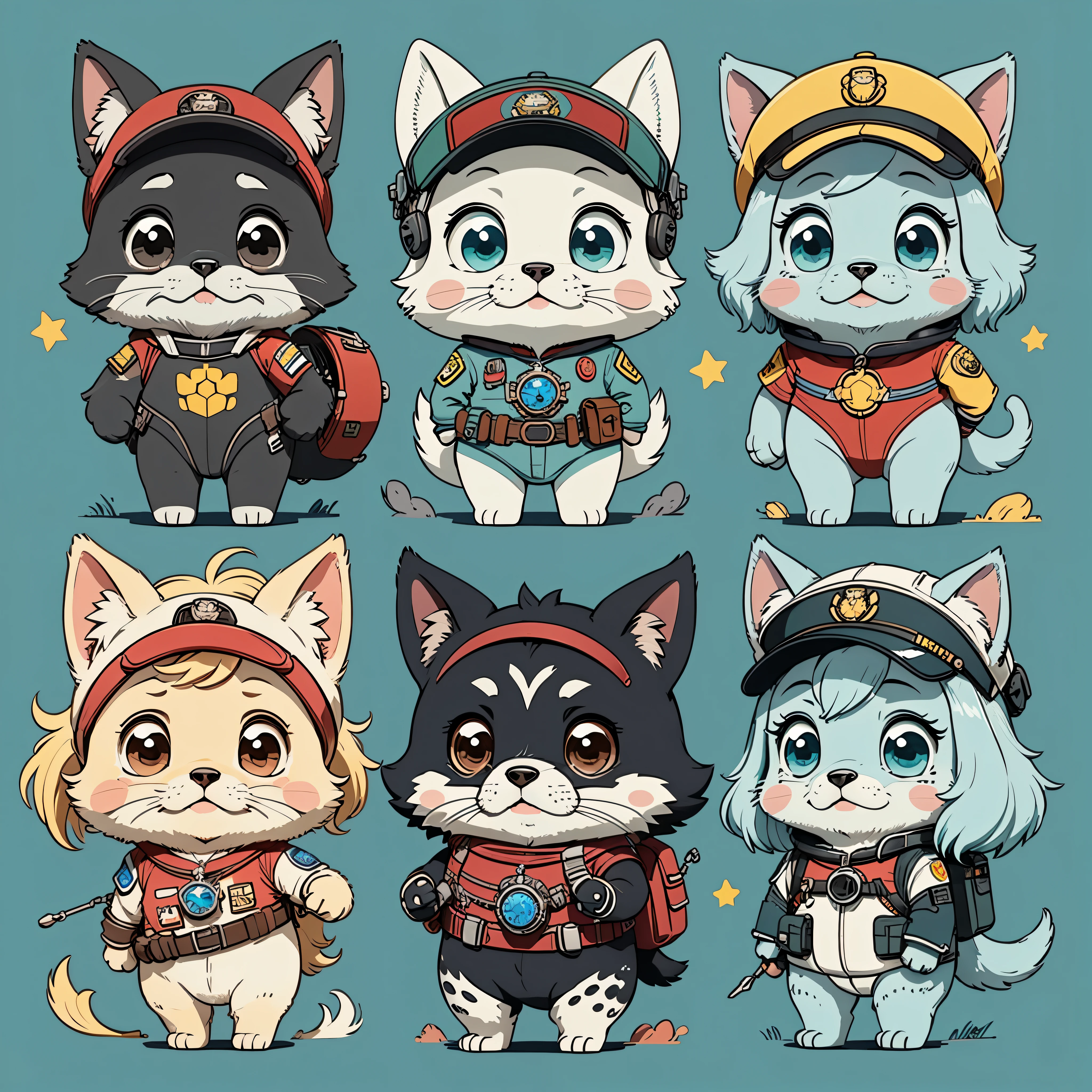 Archie，PAW Patrol Rescue Team(paw)、Ocean Patrol Rescue Team、Bulldog Super Rescue Team、air patrol。Flat illustration style，Flat anime style, cartoon minimalism, Flat vector art, flat illustration, cute cartoon。symmetry；Front view。