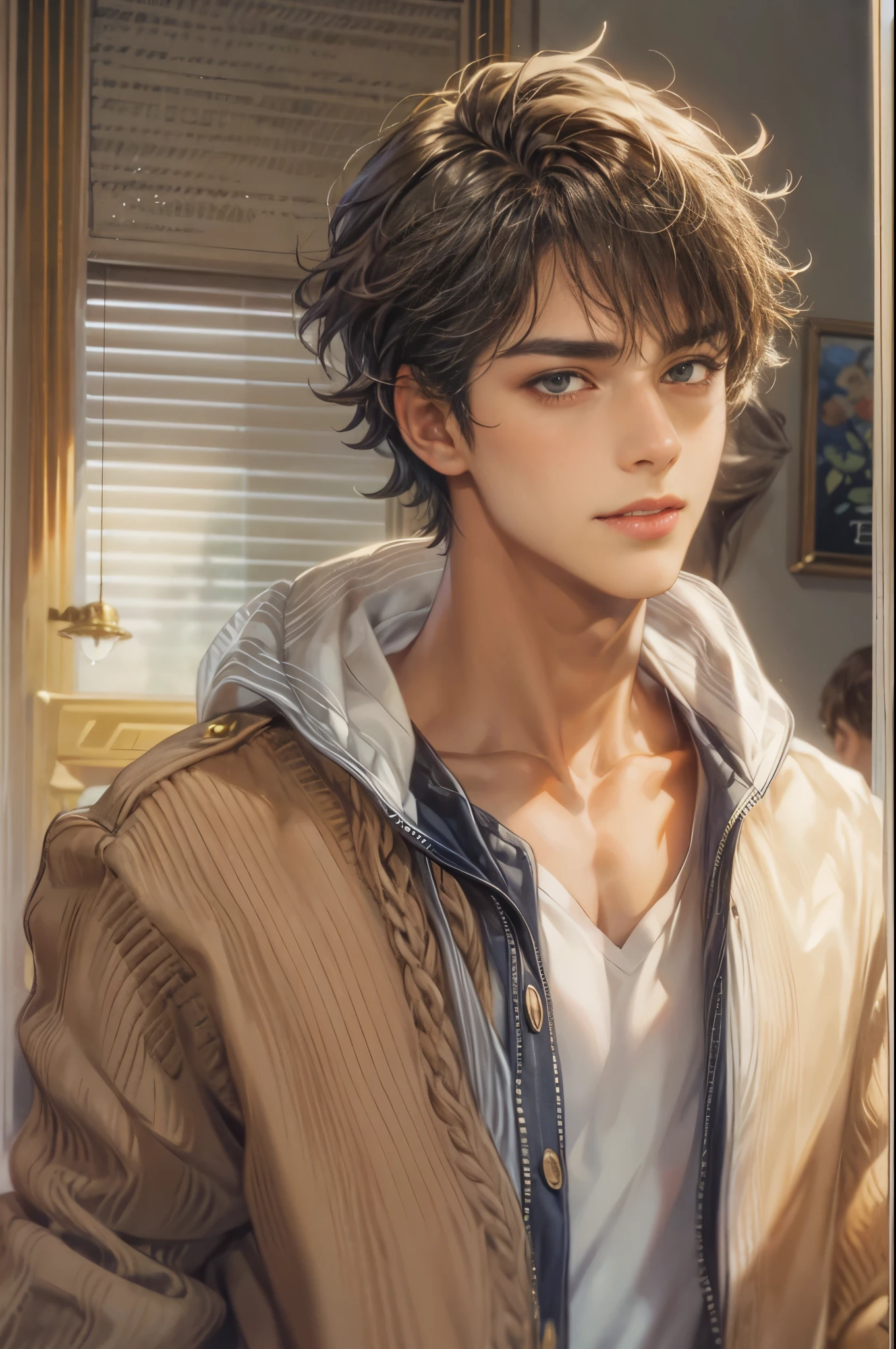 (masterpiece, best quality) character from highschool musical, handsome boy, anime face, with short hair, stylish clothes , modern home interior details